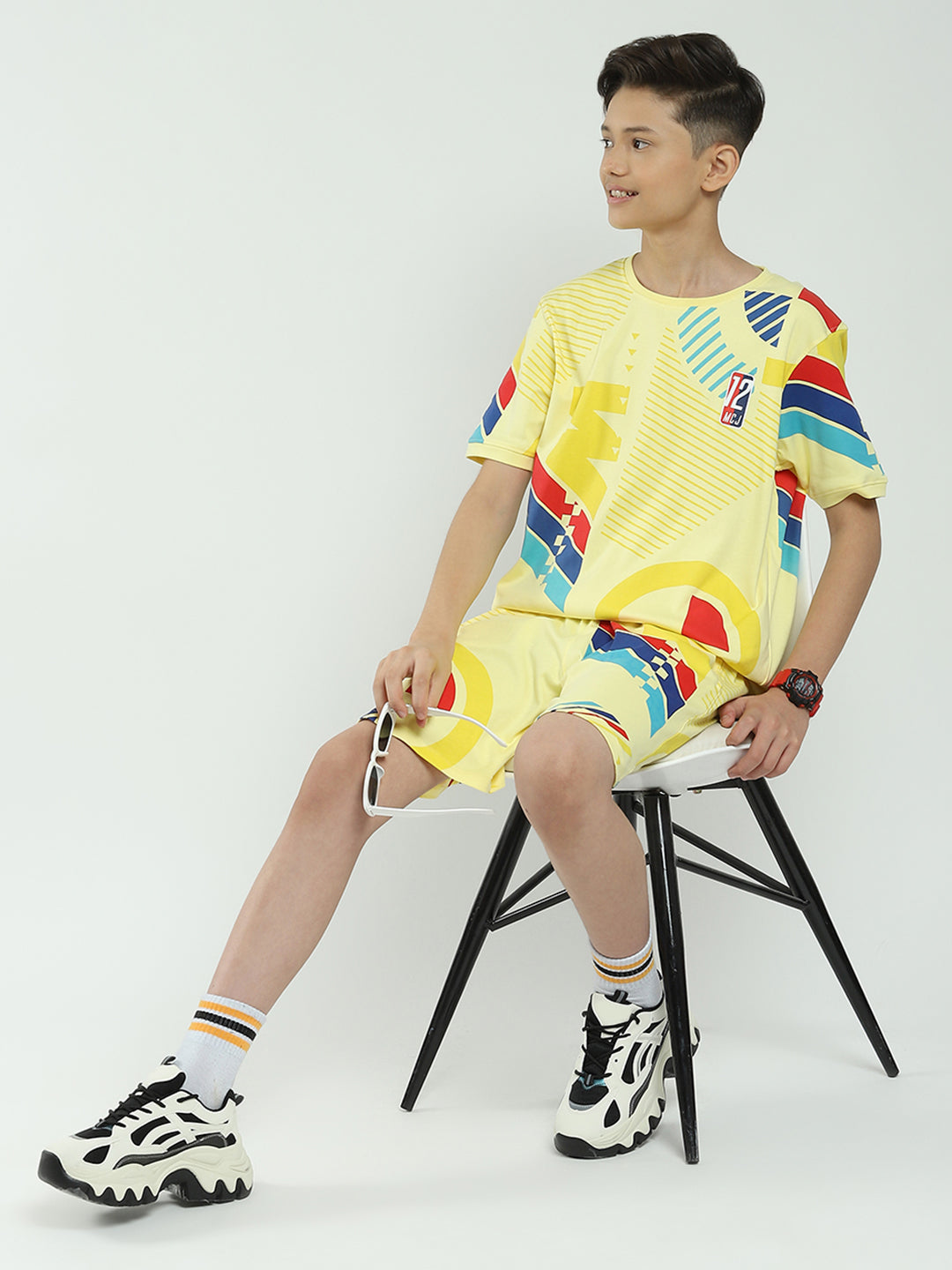 Boys Yellow Printed Round Neck Half Sleeve Bermuda Set