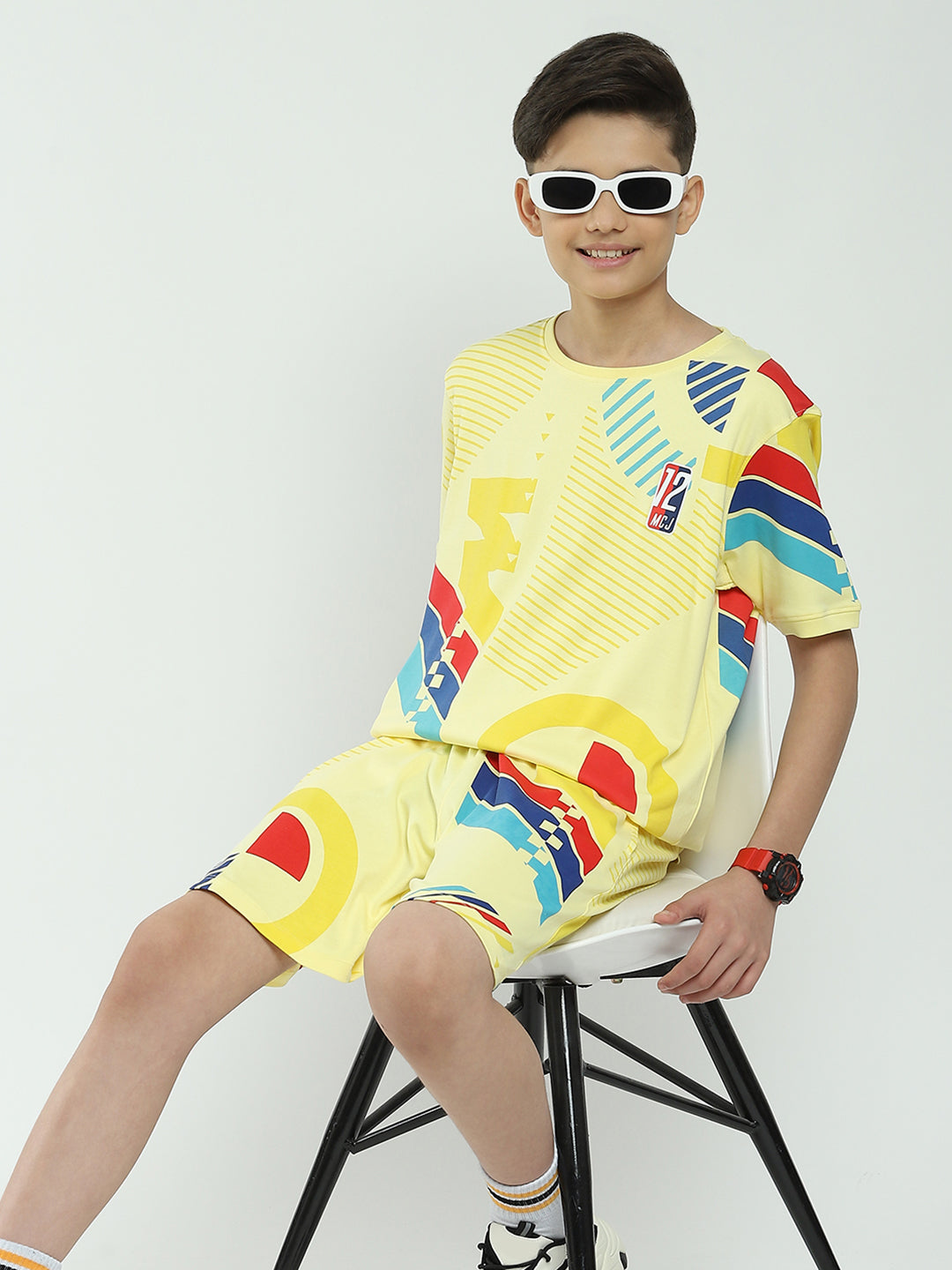 Boys Yellow Printed Round Neck Half Sleeve Bermuda Set