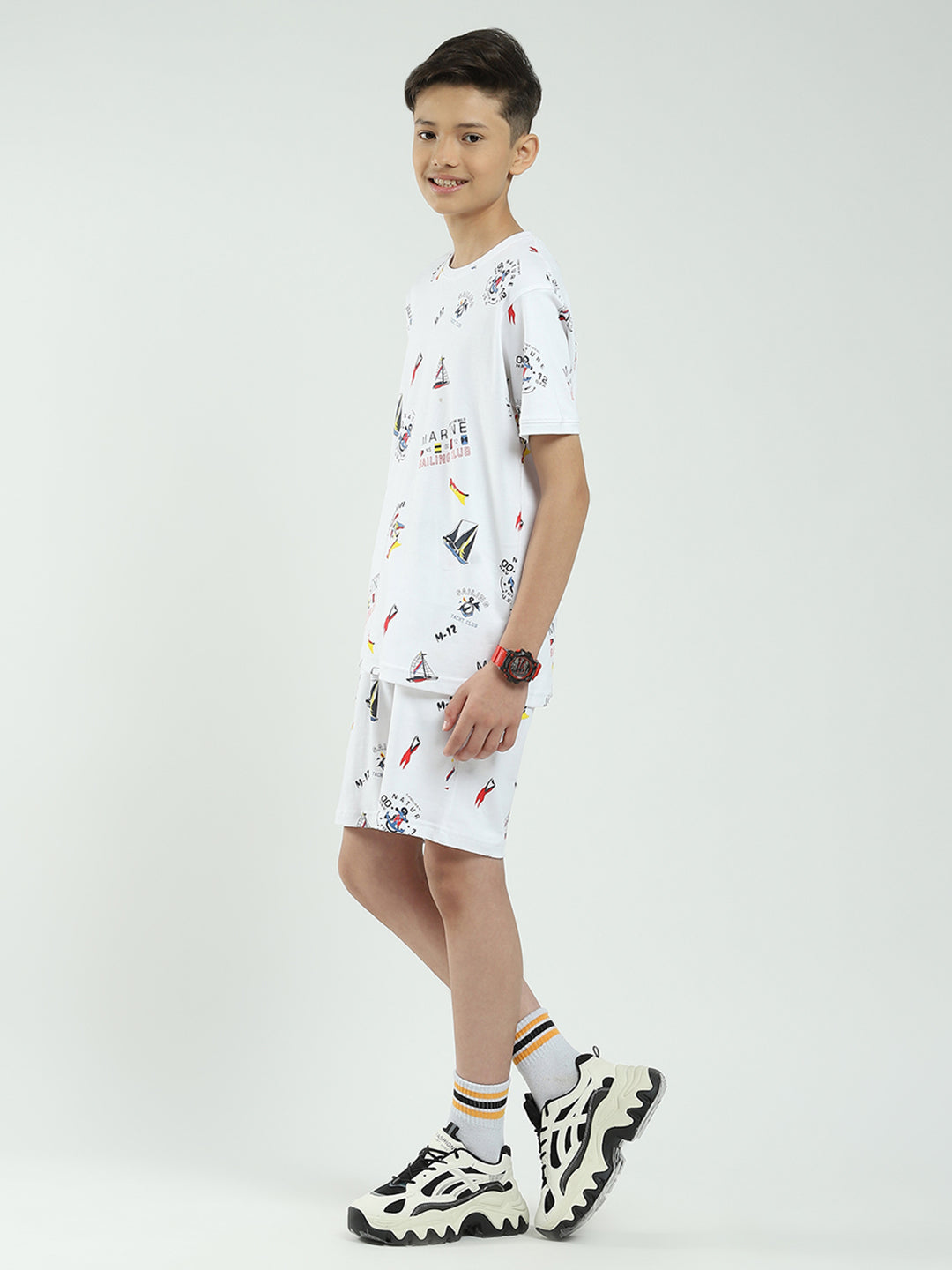 Boys White Printed Round Neck Half Sleeve Bermuda Set