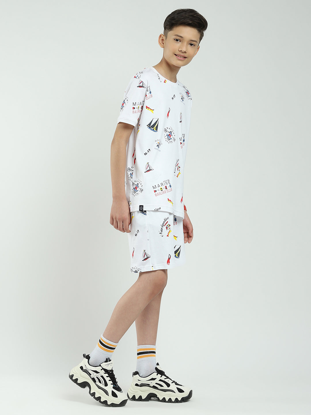 Boys White Printed Round Neck Half Sleeve Bermuda Set