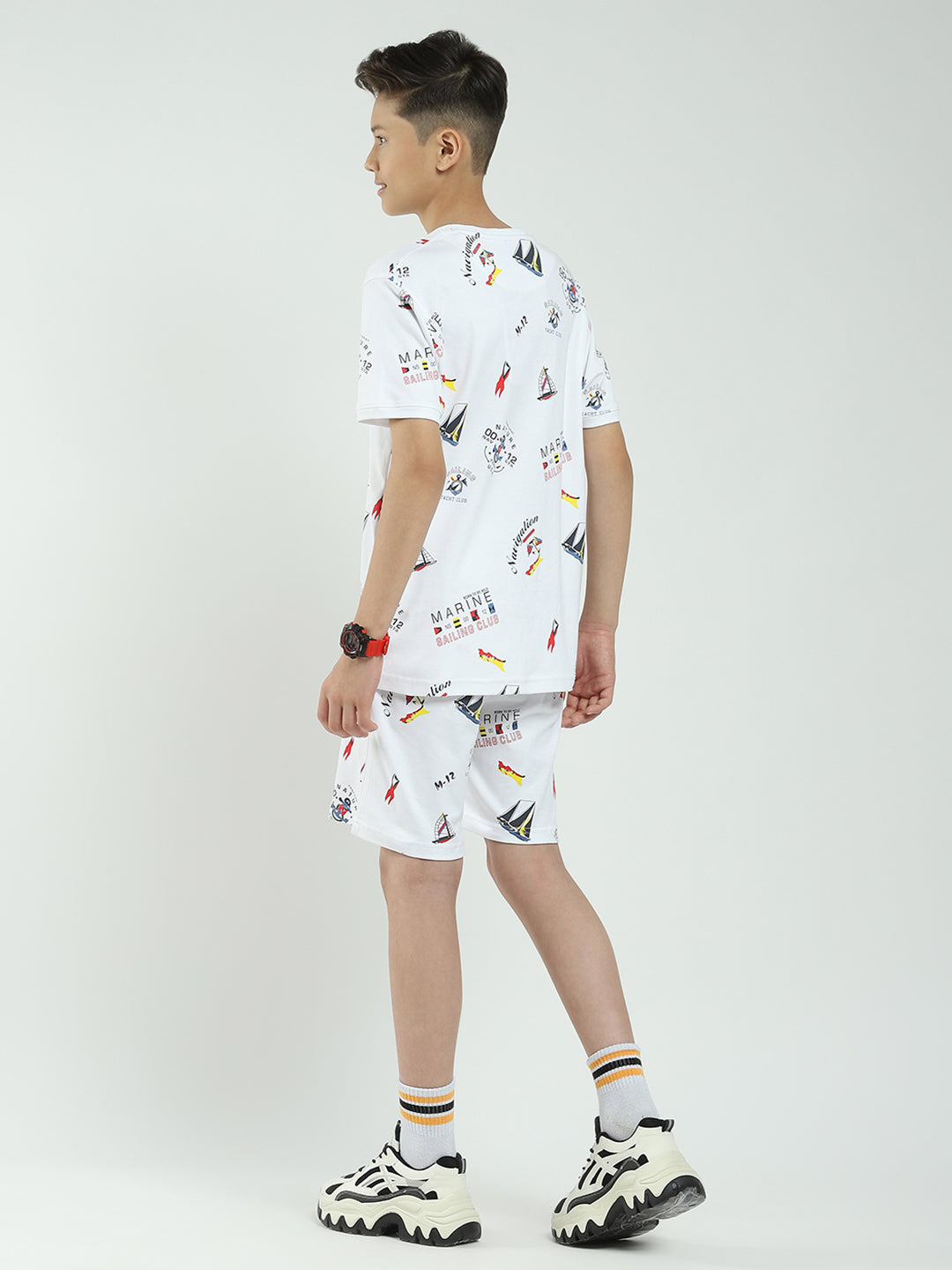 Boys White Printed Round Neck Half Sleeve Bermuda Set