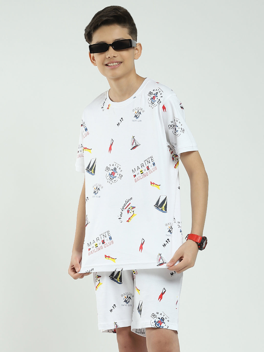 Boys White Printed Round Neck Half Sleeve Bermuda Set