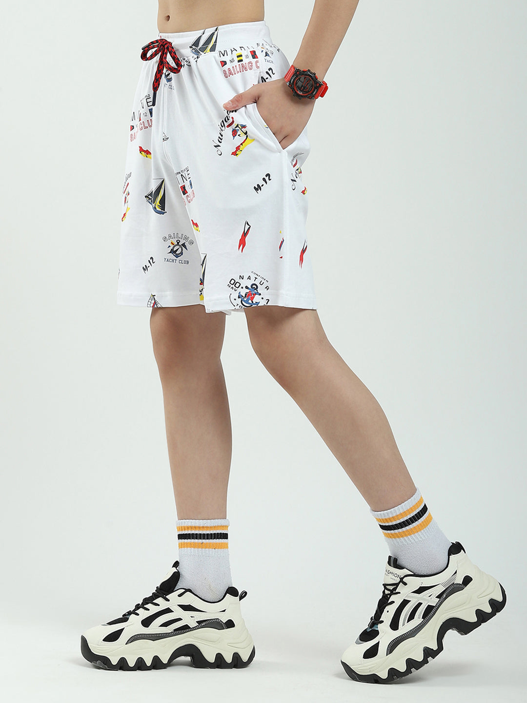 Boys White Printed Round Neck Half Sleeve Bermuda Set