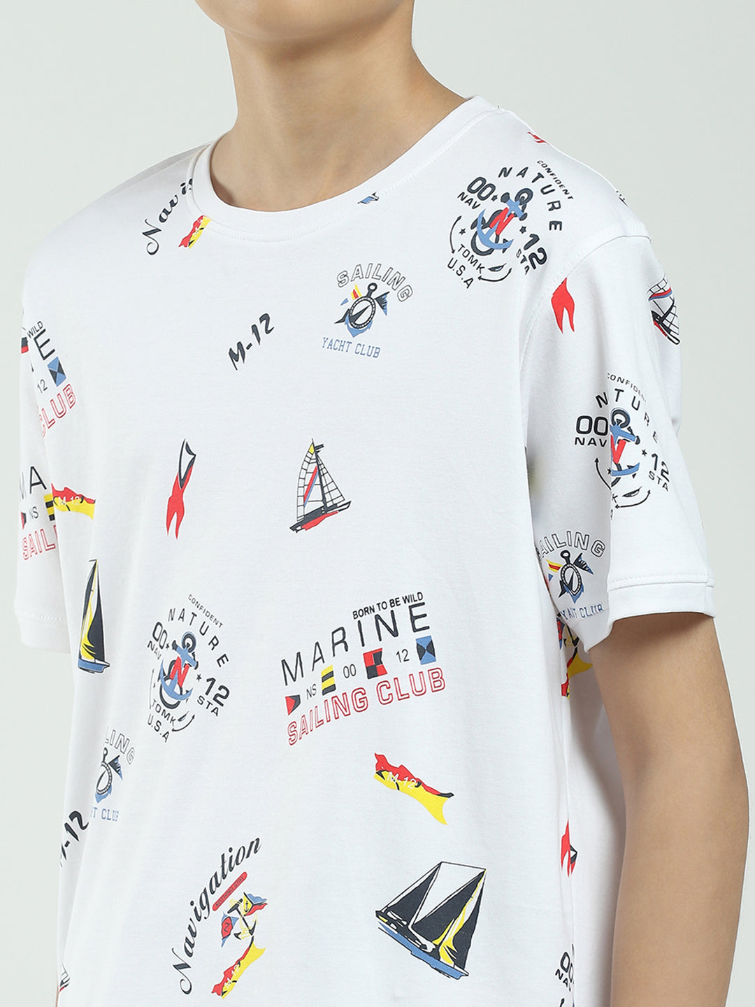 Boys White Printed Round Neck Half Sleeve Bermuda Set