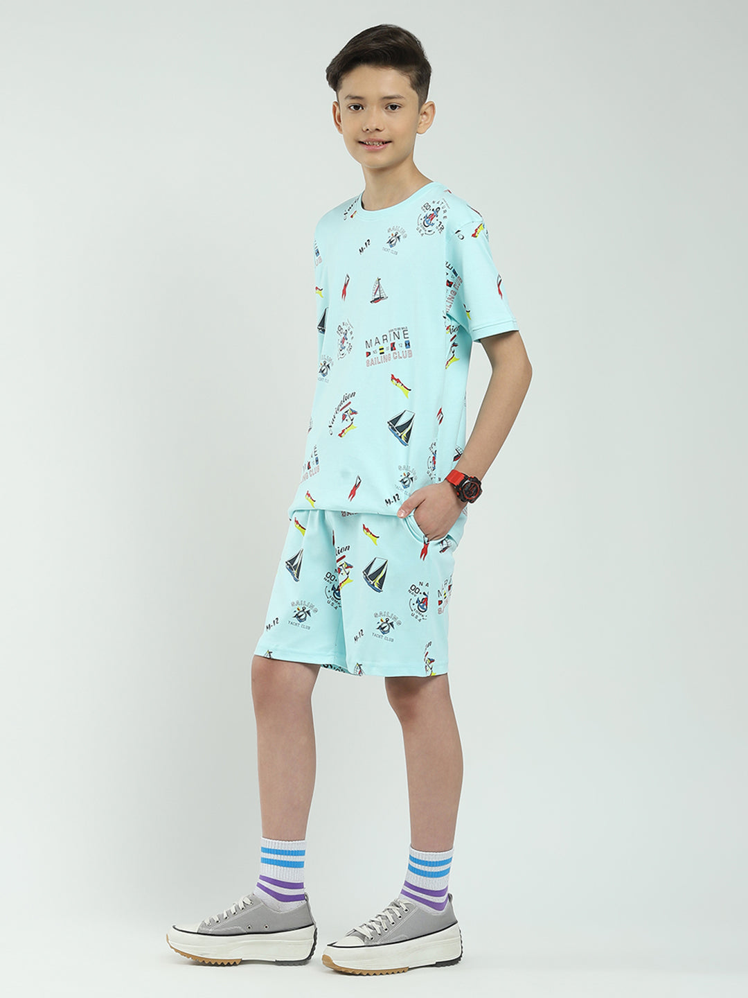 Boys Blue Printed Round Neck Half Sleeve Bermuda Set