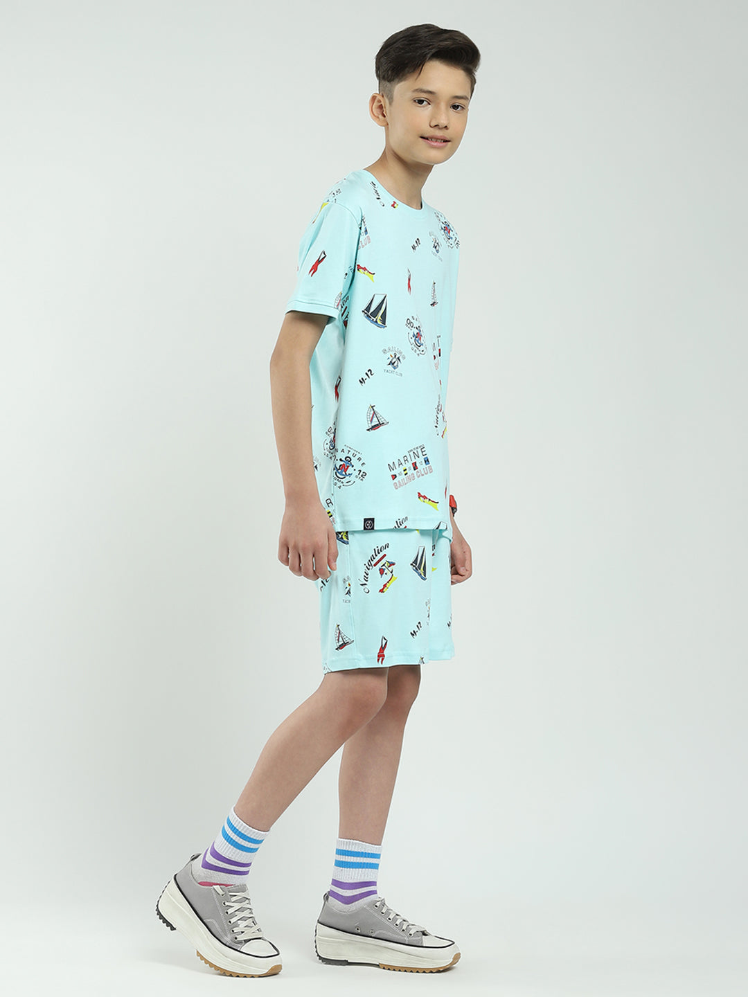 Boys Blue Printed Round Neck Half Sleeve Bermuda Set