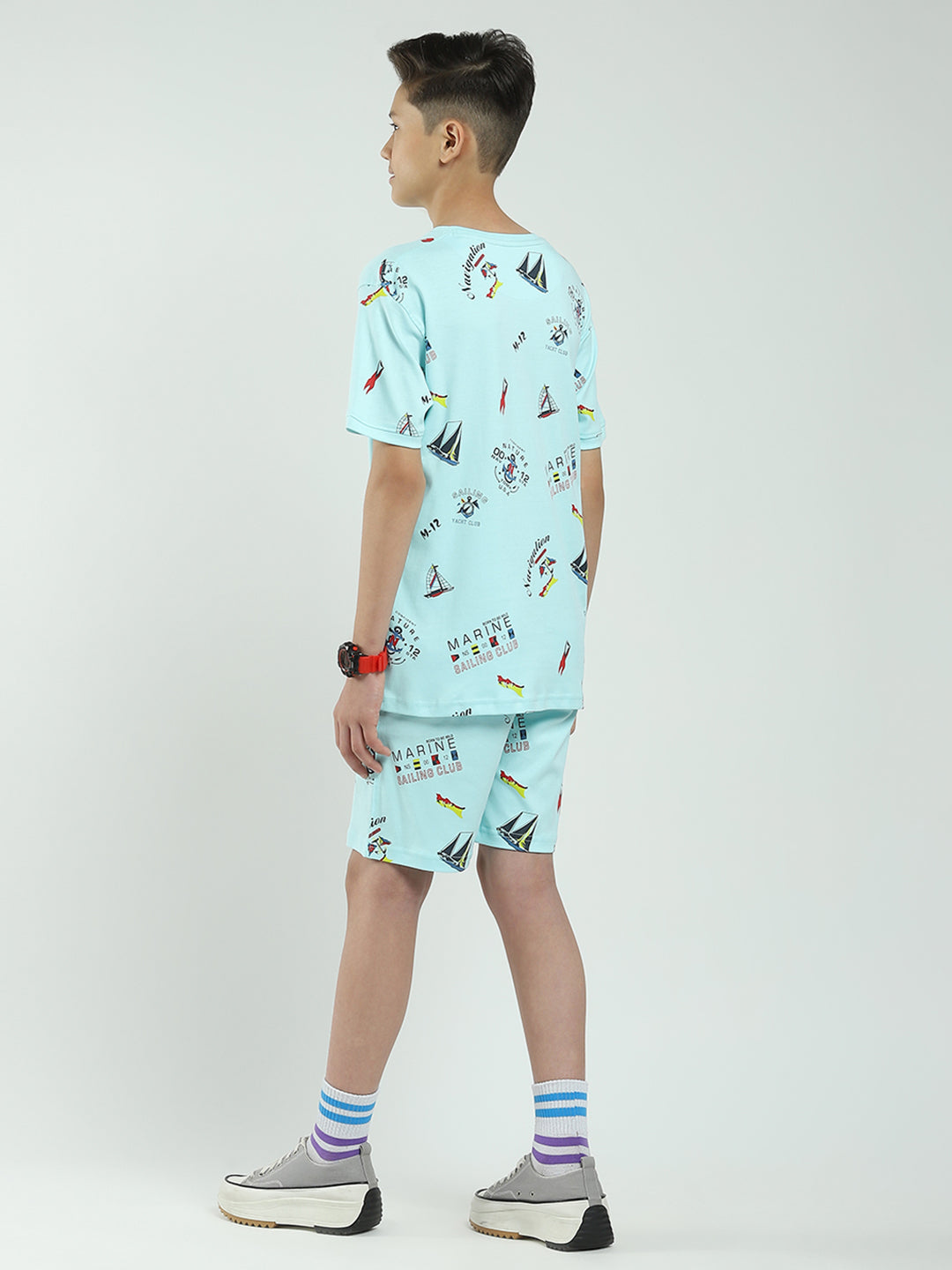 Boys Blue Printed Round Neck Half Sleeve Bermuda Set
