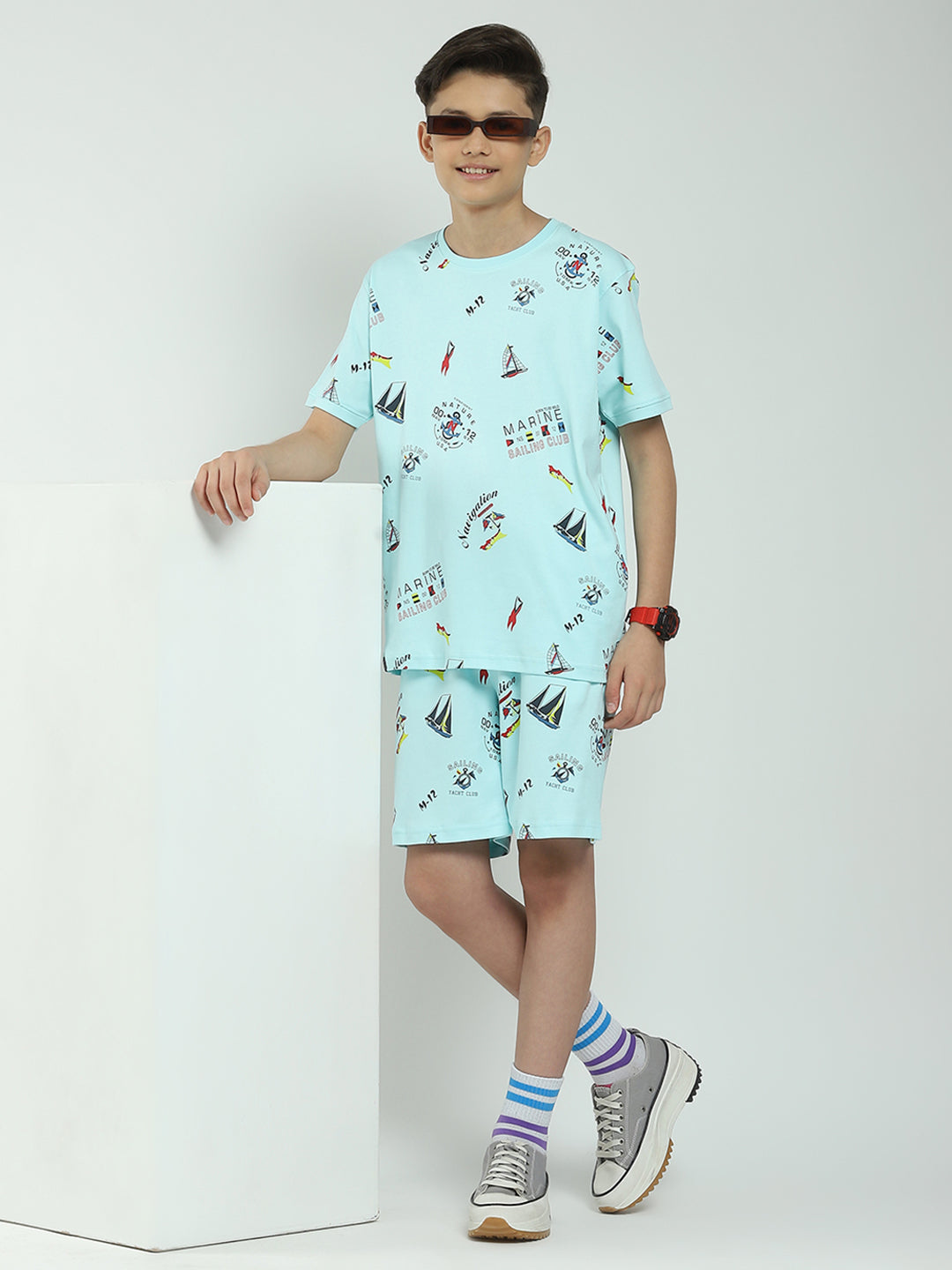 Boys Blue Printed Round Neck Half Sleeve Bermuda Set