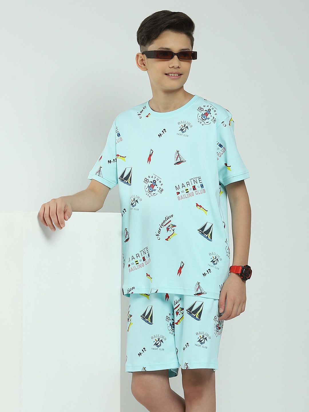 Boys Blue Printed Round Neck Half Sleeve Bermuda Set