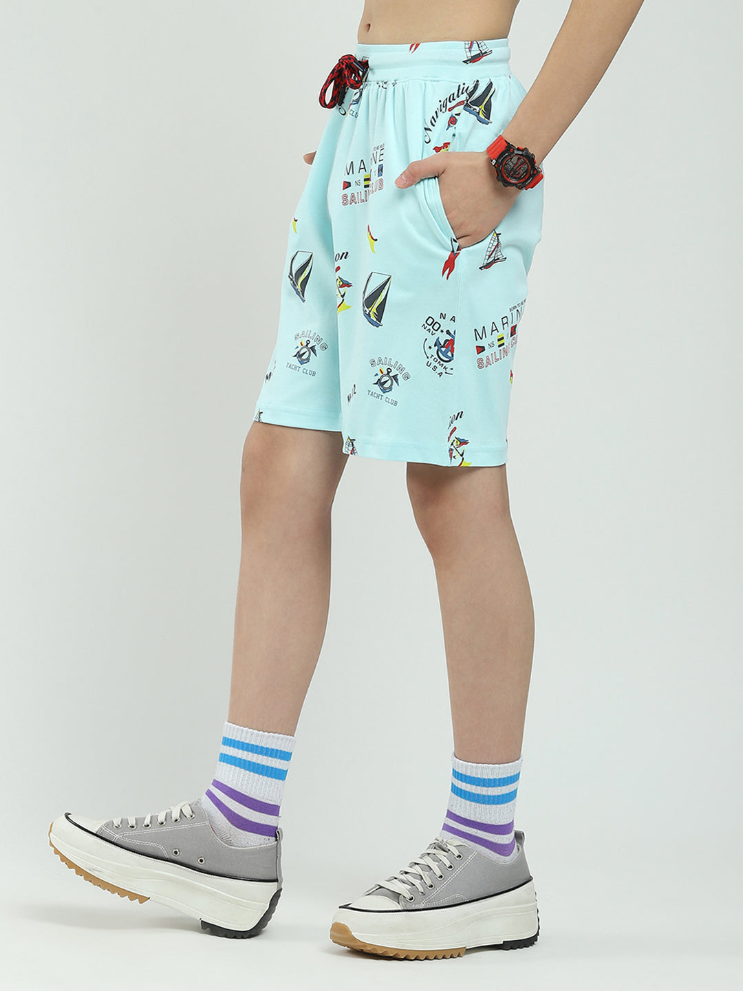 Boys Blue Printed Round Neck Half Sleeve Bermuda Set