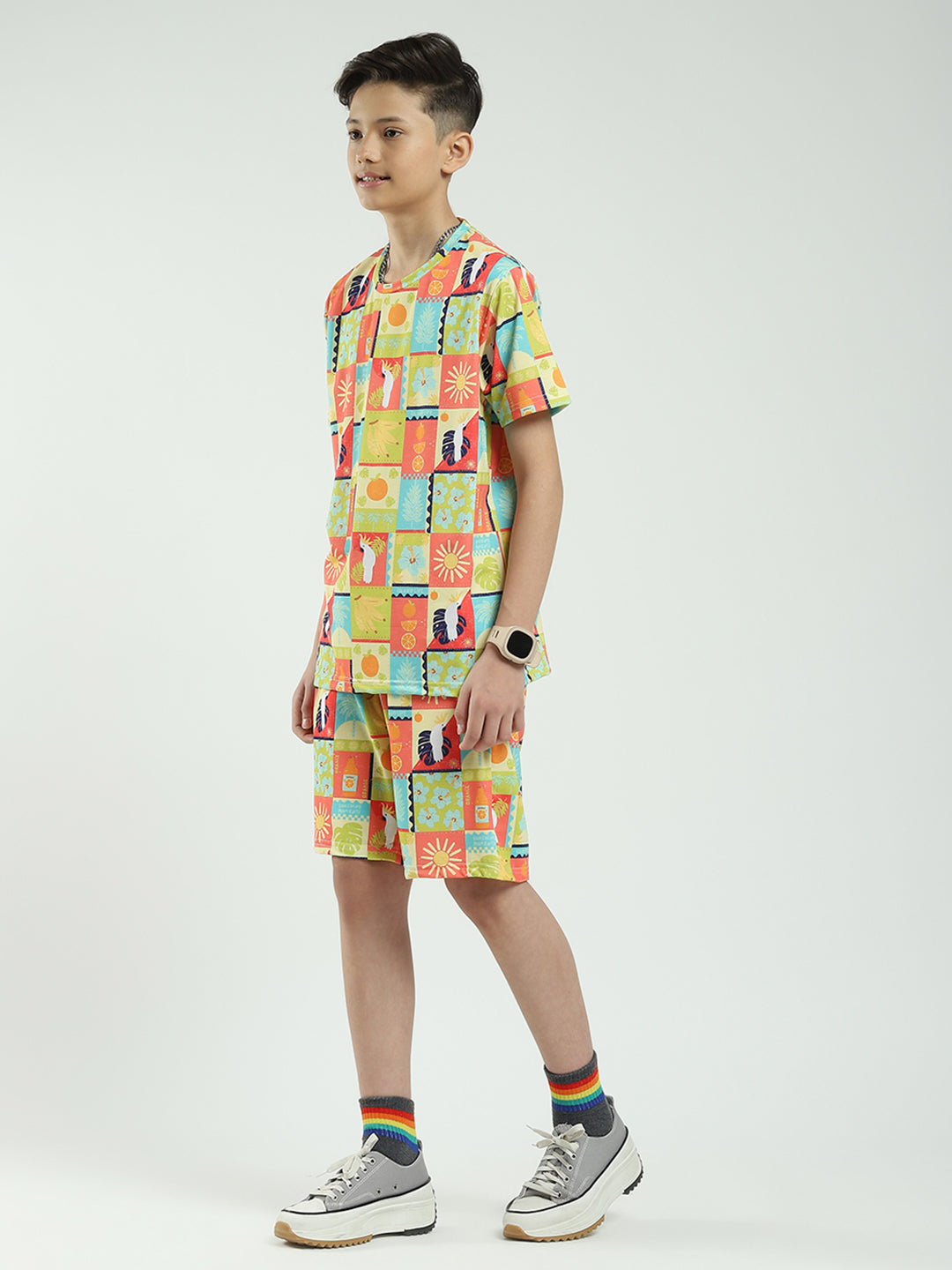 Boys Multicolor Printed Round Neck Half Sleeve Bermuda Set