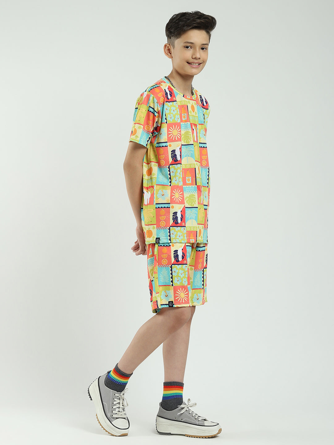 Boys Multicolor Printed Round Neck Half Sleeve Bermuda Set