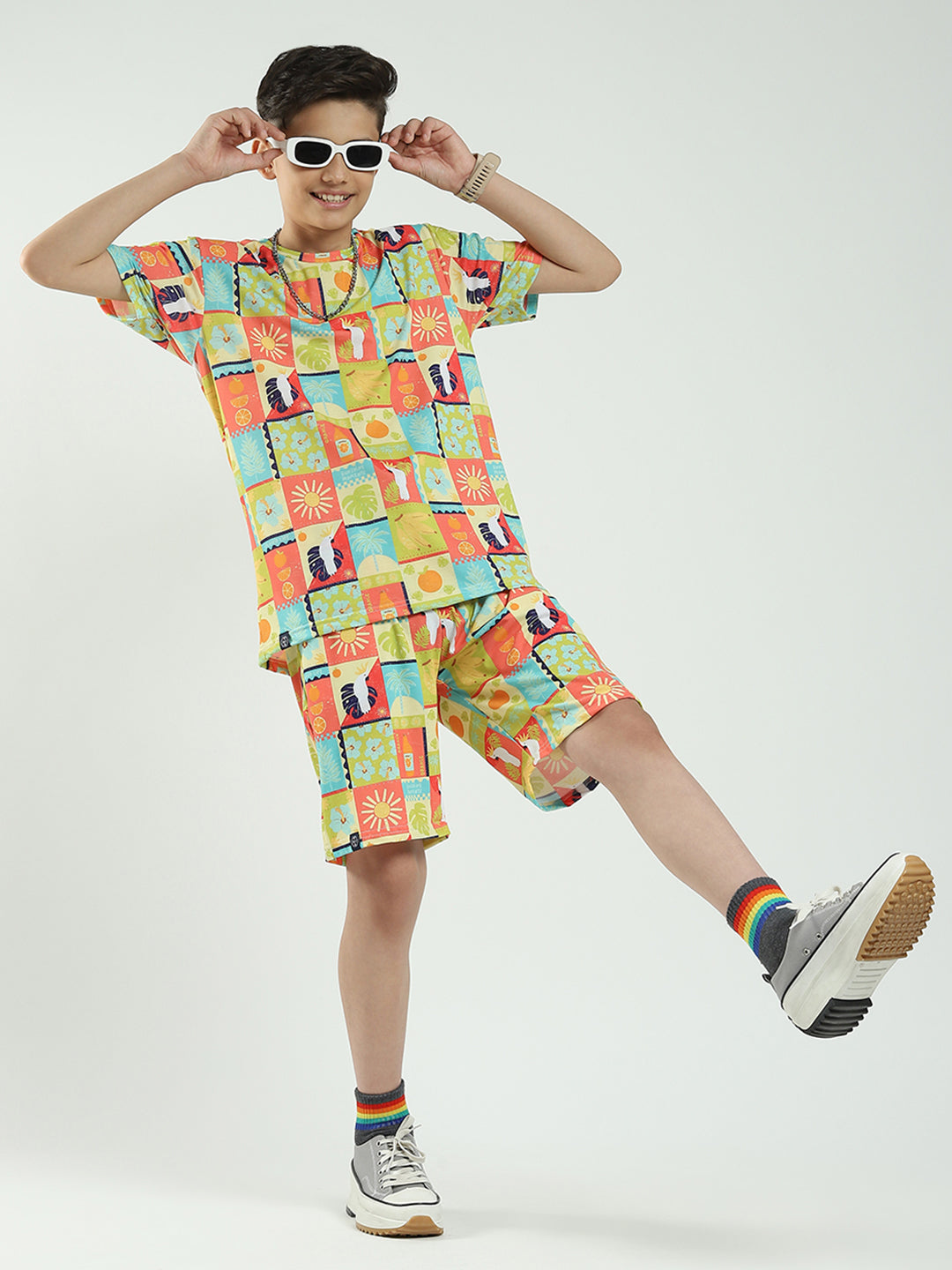 Boys Multicolor Printed Round Neck Half Sleeve Bermuda Set