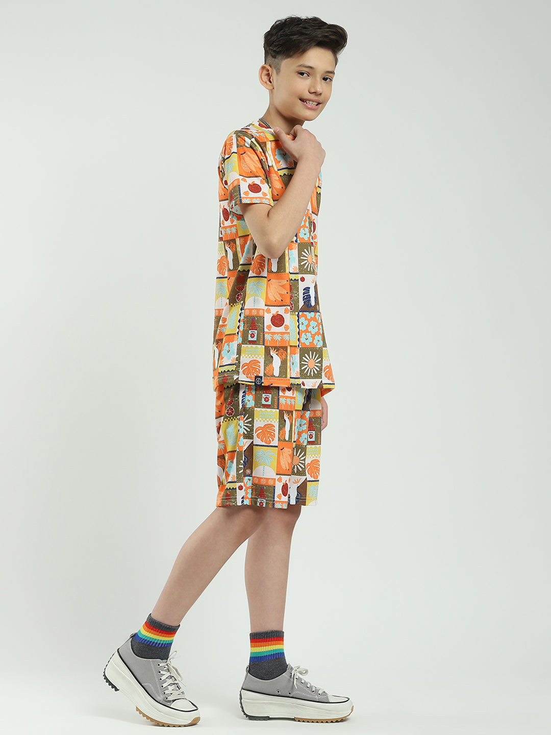 Boys Brown Printed Round Neck Half Sleeve Bermuda Set