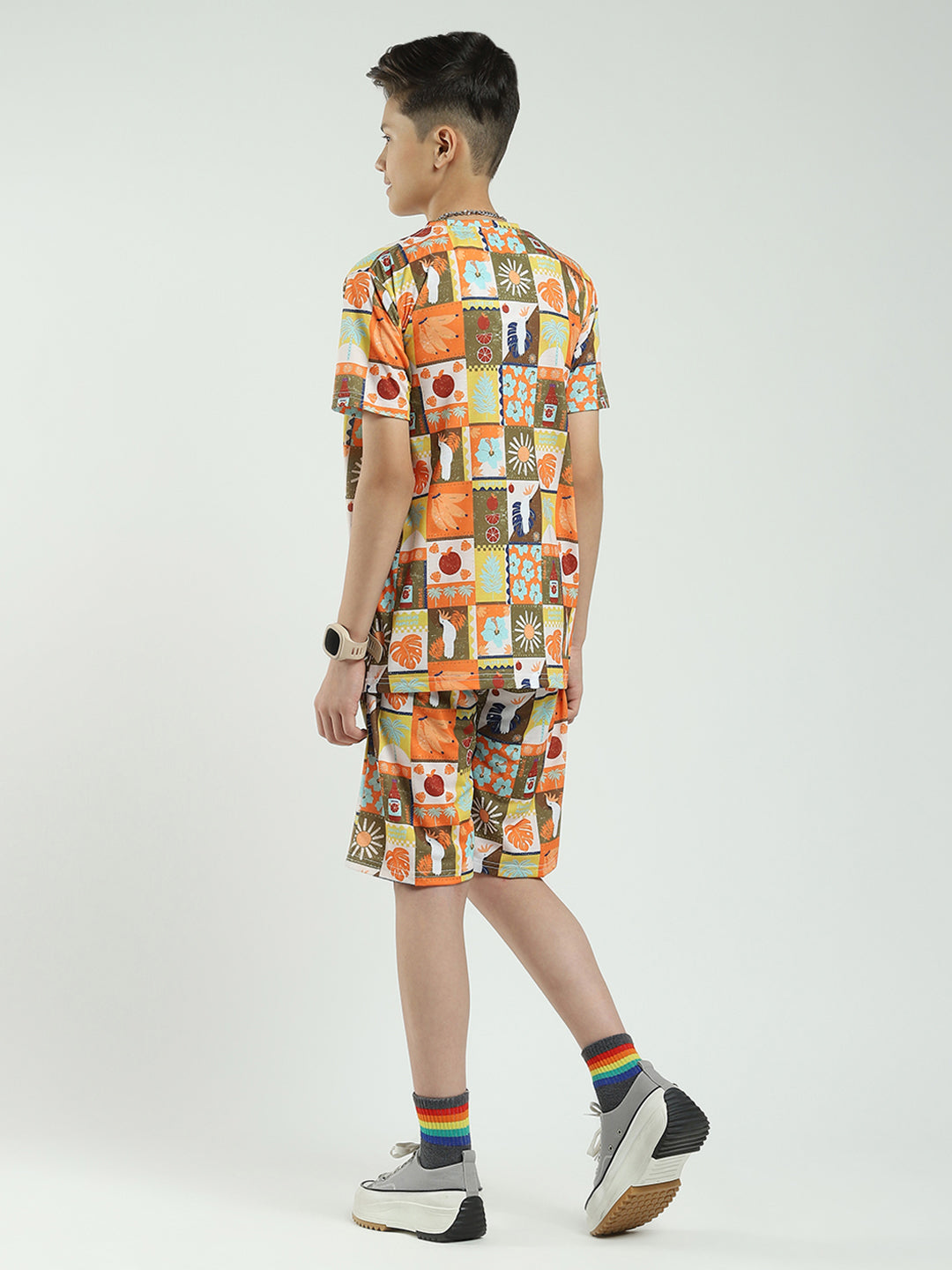 Boys Brown Printed Round Neck Half Sleeve Bermuda Set