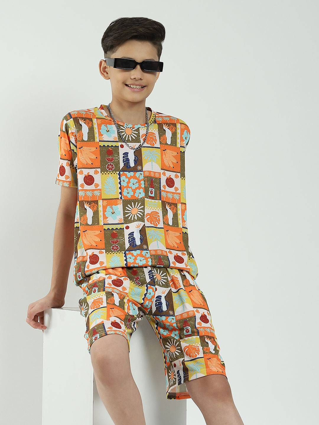 Boys Brown Printed Round Neck Half Sleeve Bermuda Set