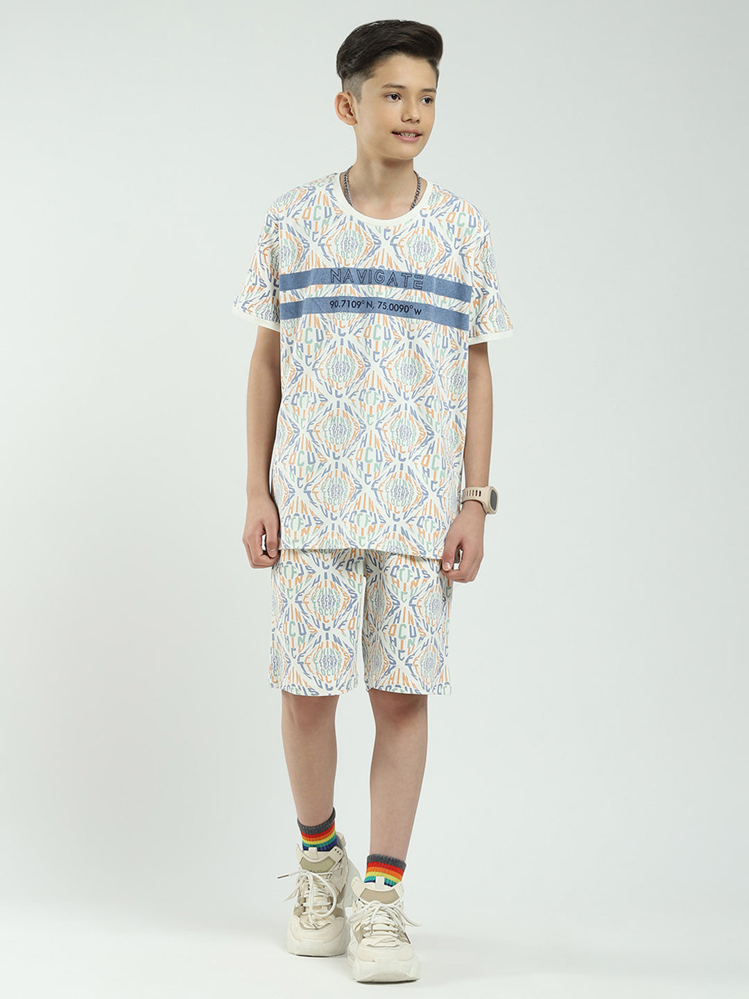 Boys Off White Printed Round Neck Half Sleeve Bermuda Set