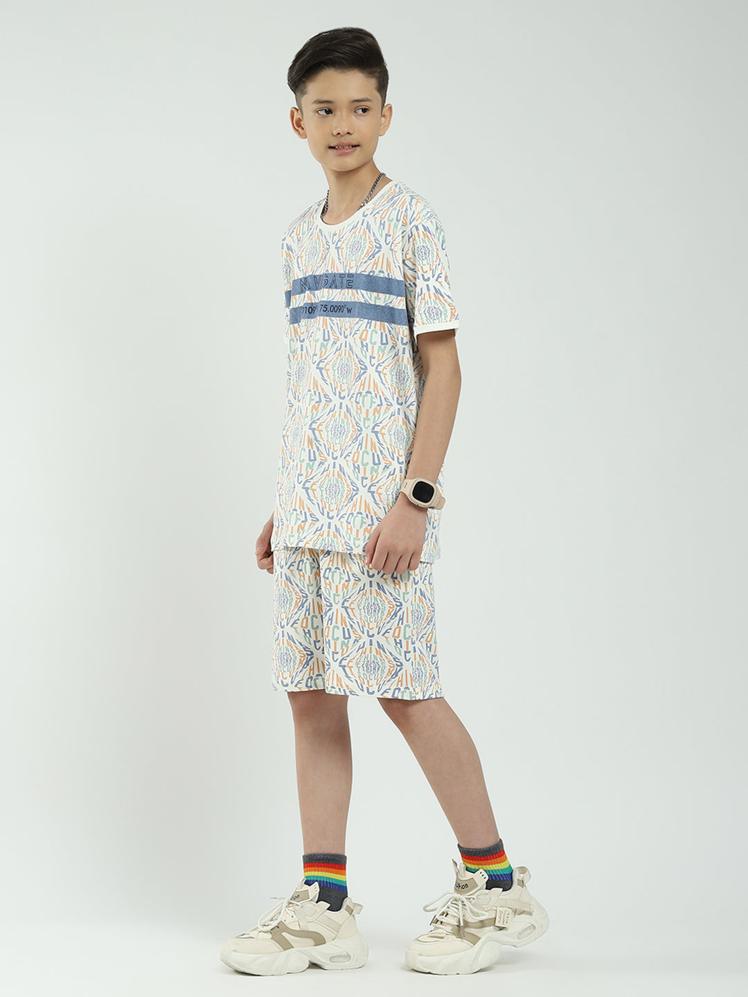 Boys Off White Printed Round Neck Half Sleeve Bermuda Set