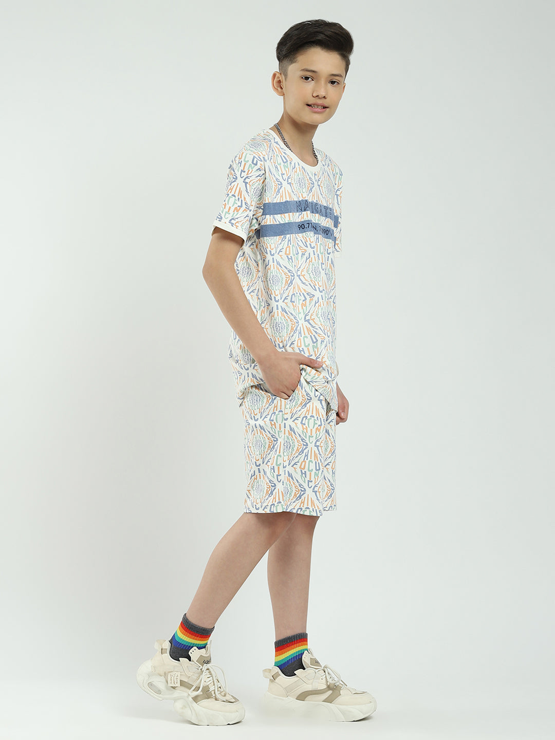 Boys Off White Printed Round Neck Half Sleeve Bermuda Set