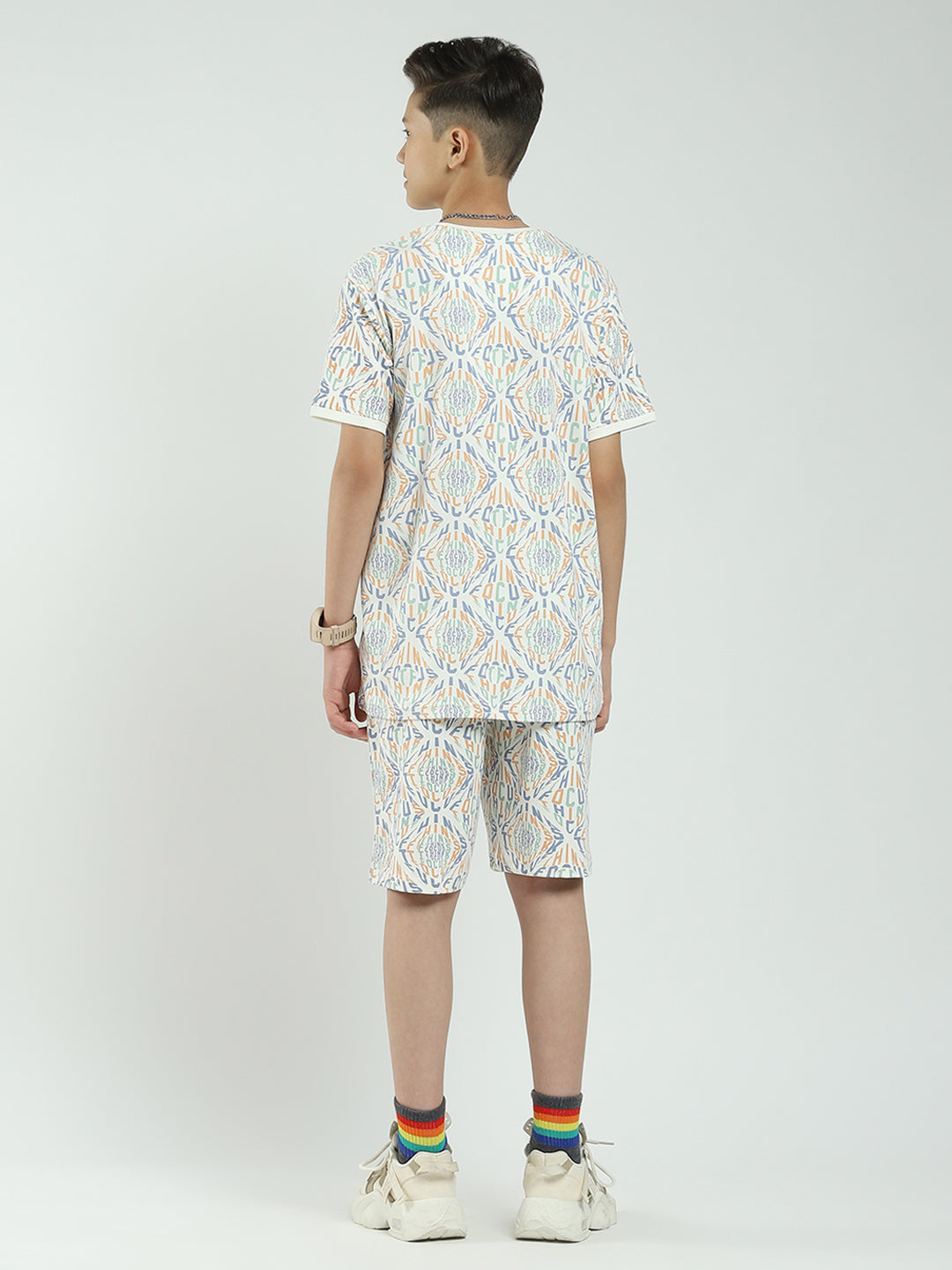 Boys Off White Printed Round Neck Half Sleeve Bermuda Set