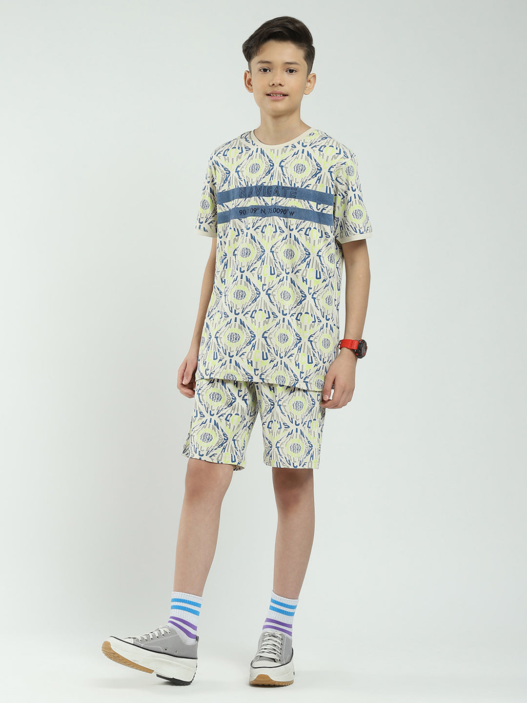 Boys Beige Printed Round Neck Half Sleeve Bermuda Set