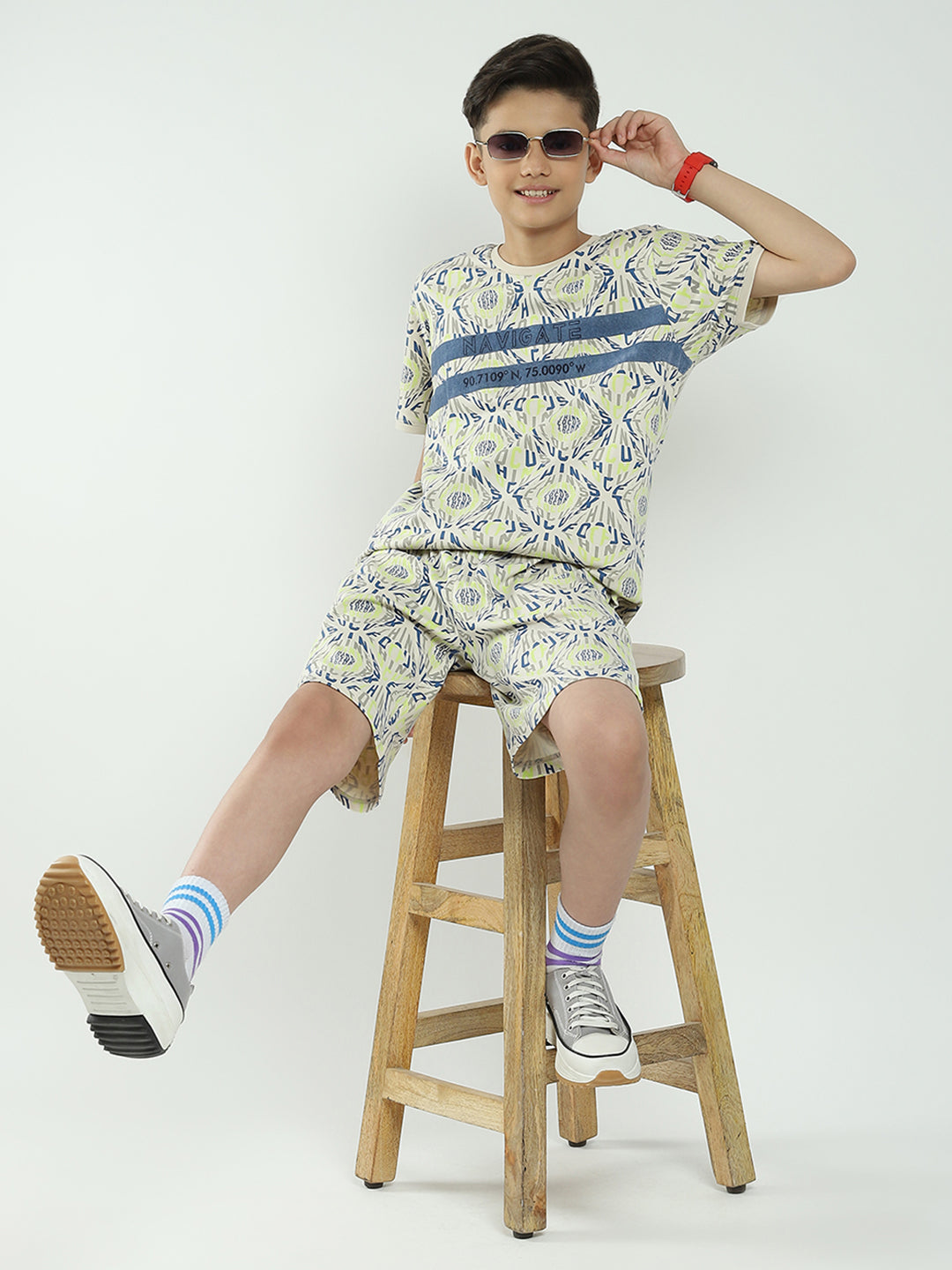 Boys Beige Printed Round Neck Half Sleeve Bermuda Set