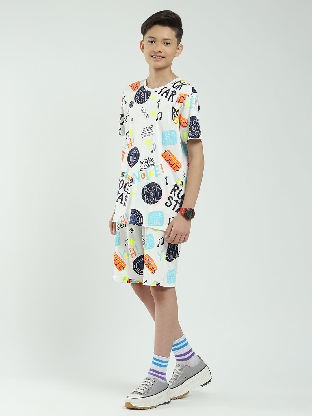 Boys White Printed Round Neck Half Sleeve Bermuda Set