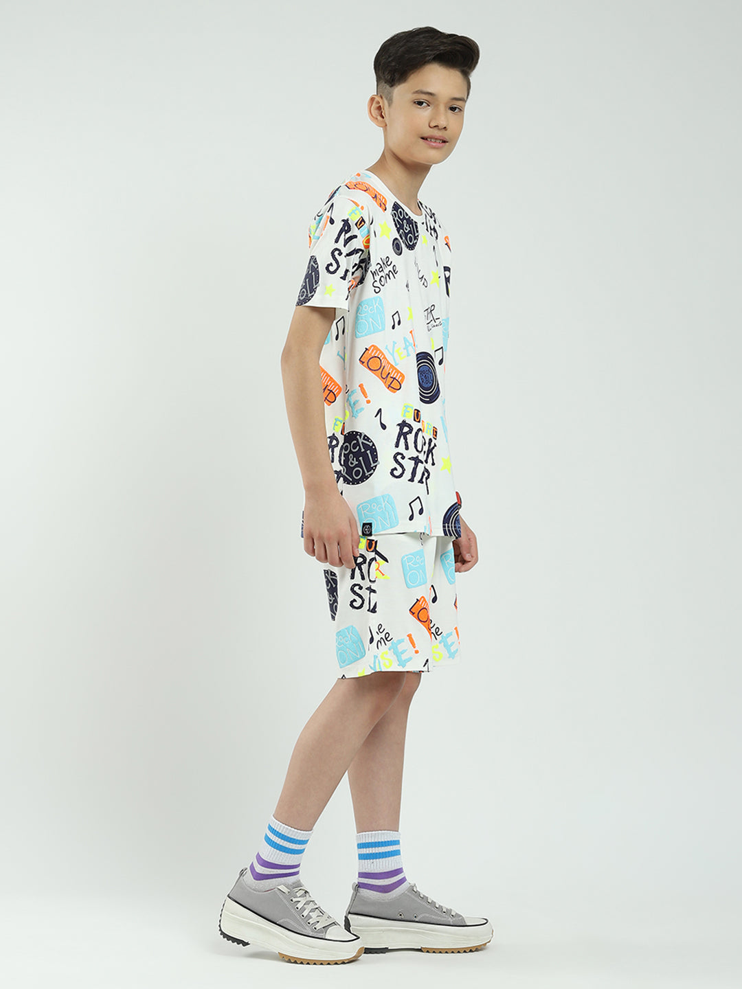 Boys White Printed Round Neck Half Sleeve Bermuda Set