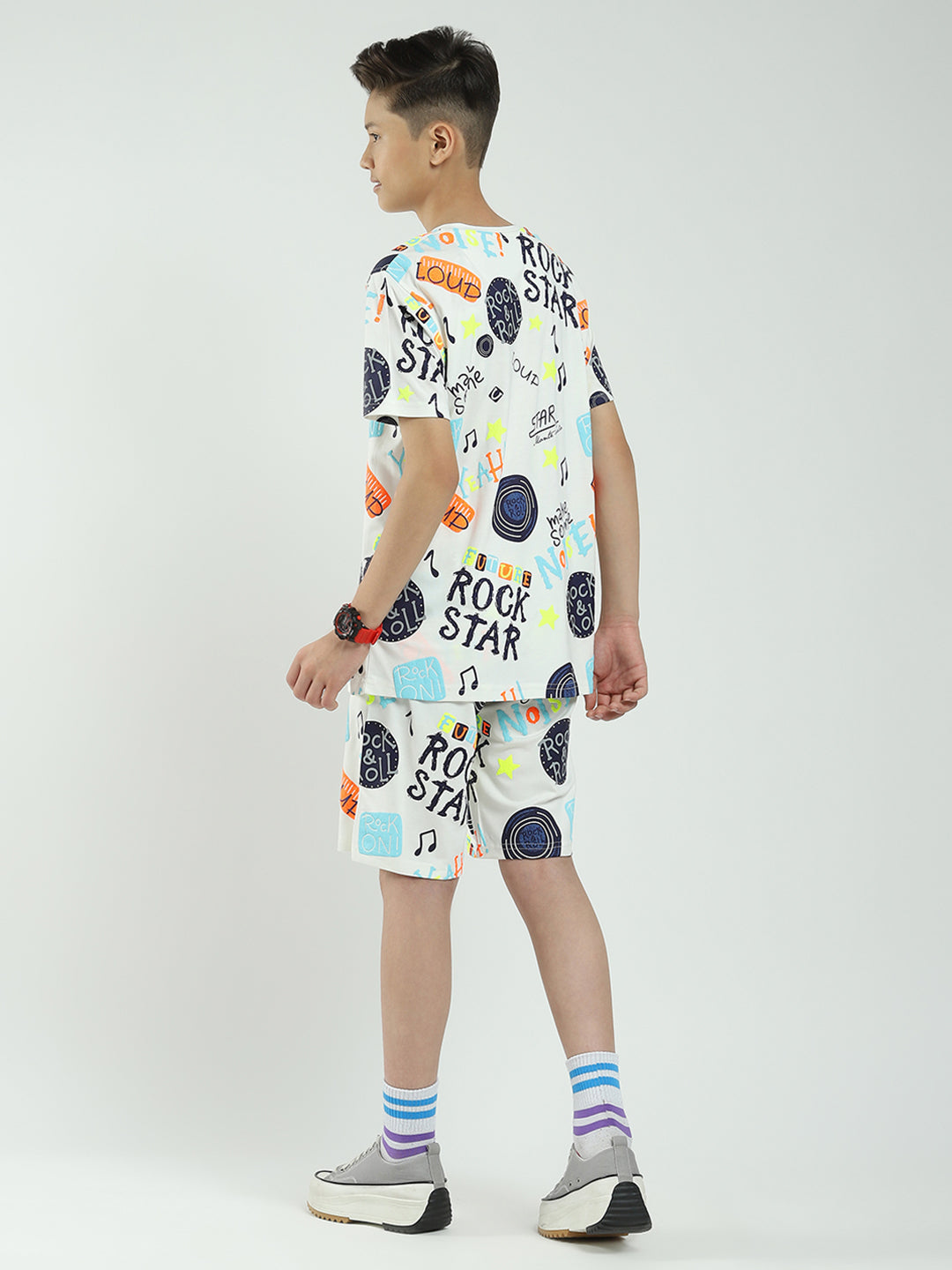 Boys White Printed Round Neck Half Sleeve Bermuda Set