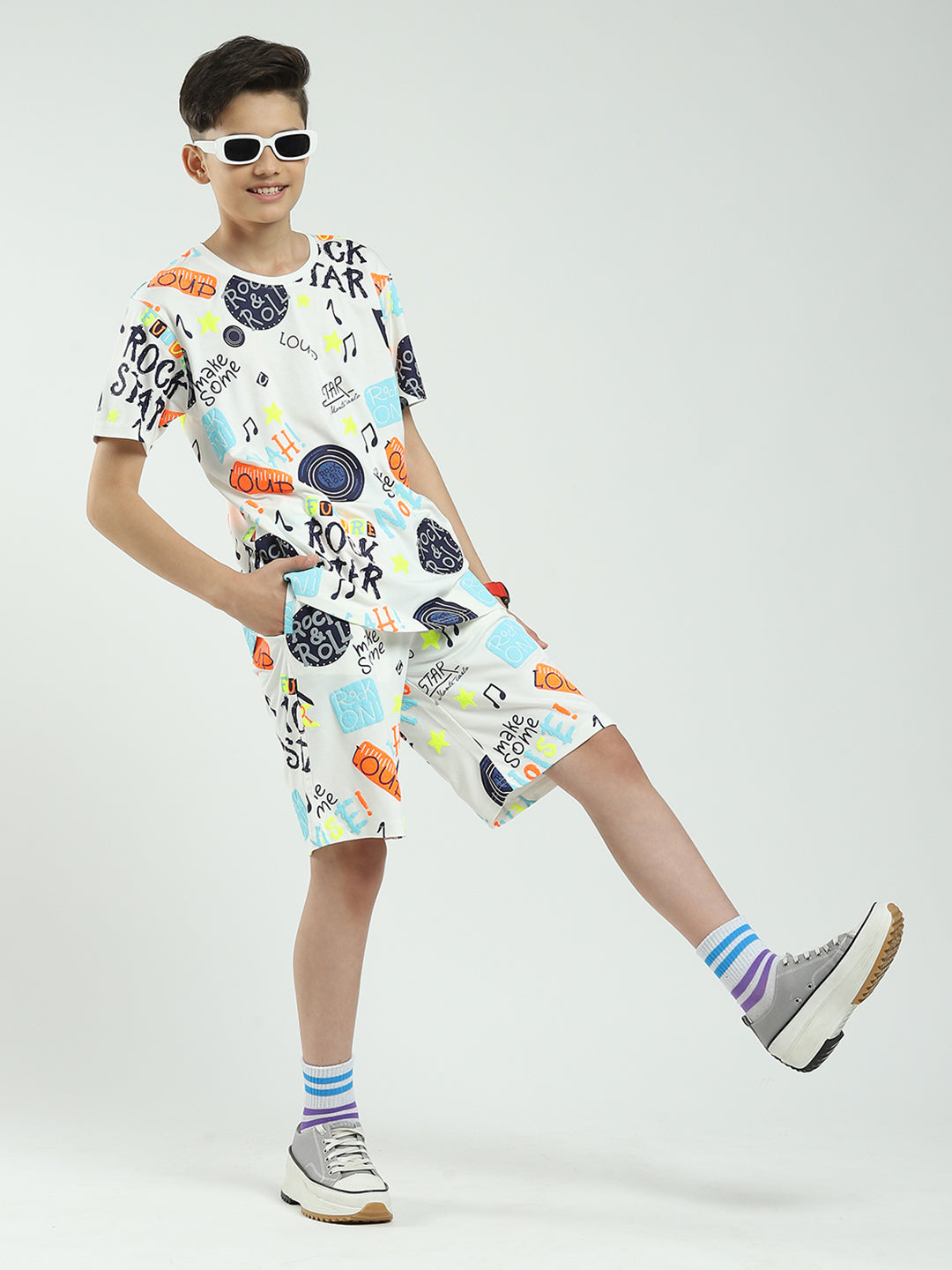 Boys White Printed Round Neck Half Sleeve Bermuda Set