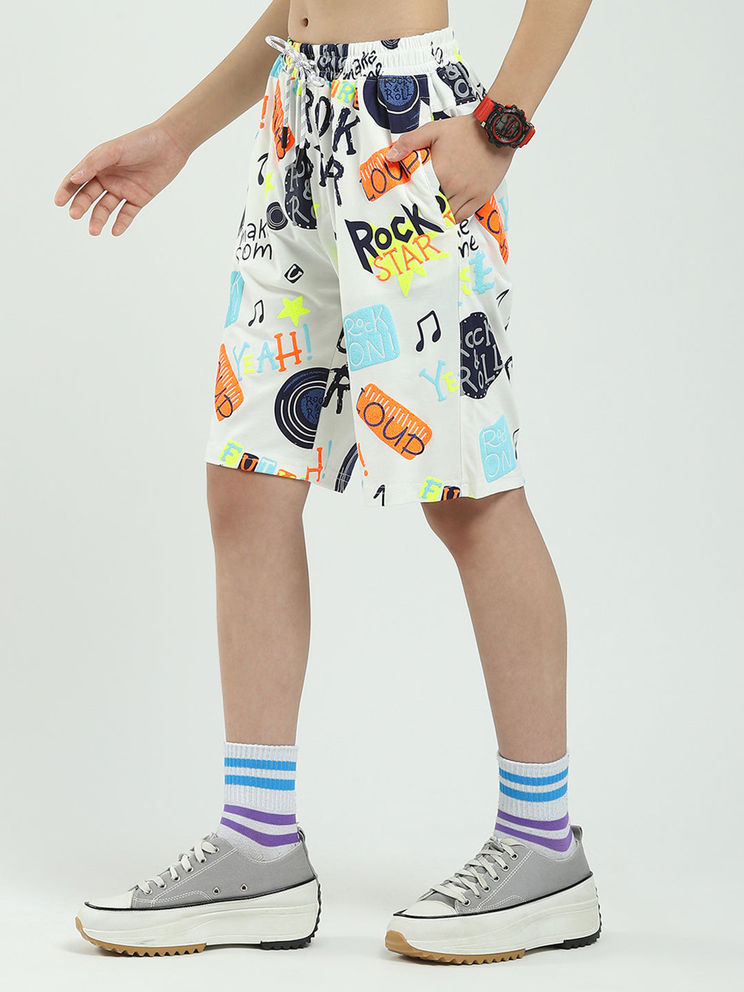 Boys White Printed Round Neck Half Sleeve Bermuda Set