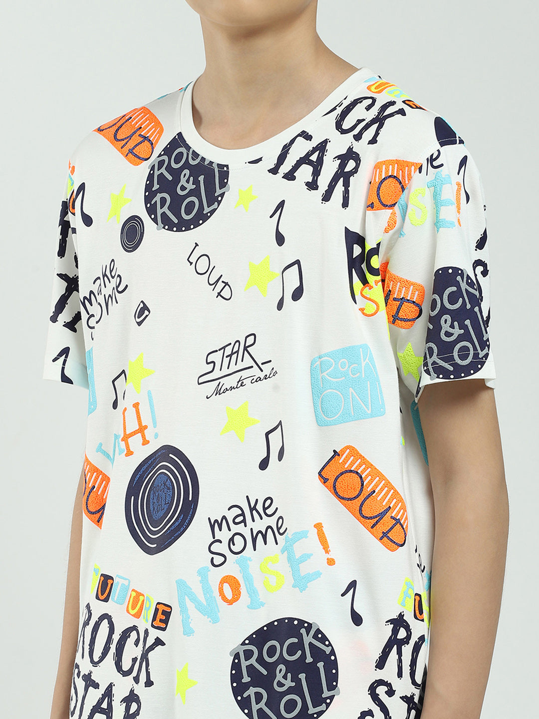 Boys White Printed Round Neck Half Sleeve Bermuda Set