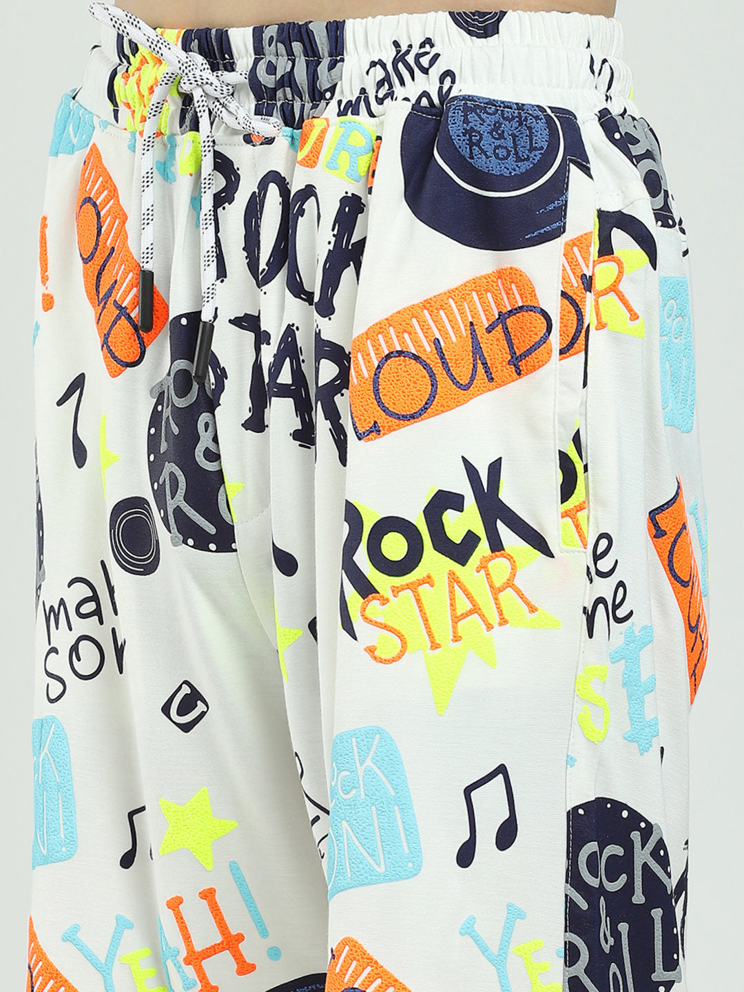 Boys White Printed Round Neck Half Sleeve Bermuda Set