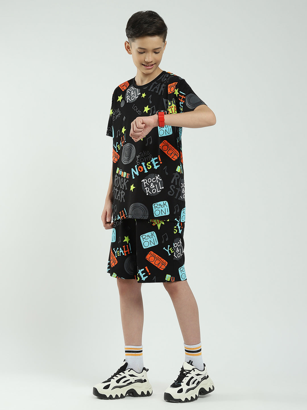 Boys Black Printed Round Neck Half Sleeve Bermuda Set