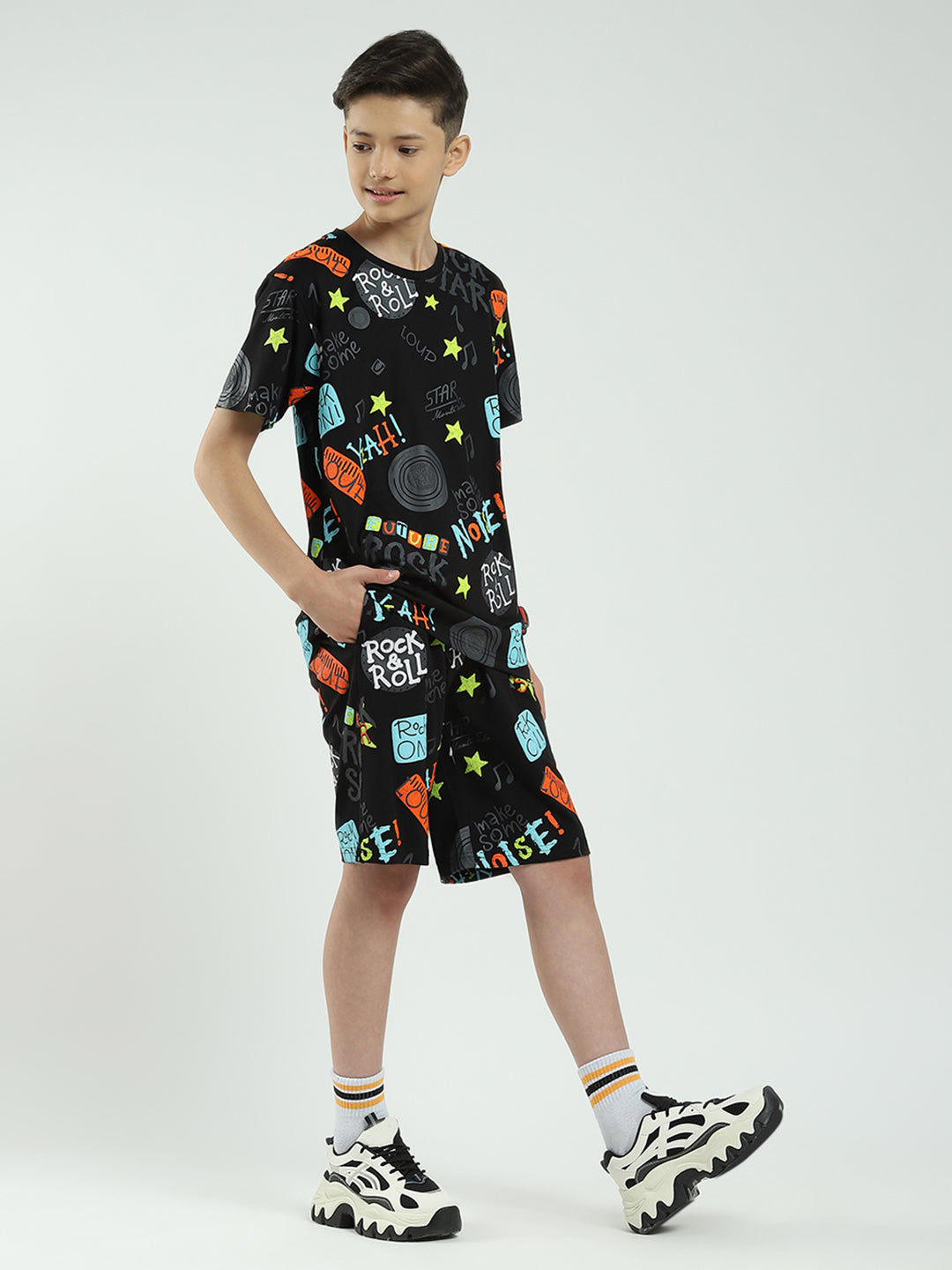 Boys Black Printed Round Neck Half Sleeve Bermuda Set