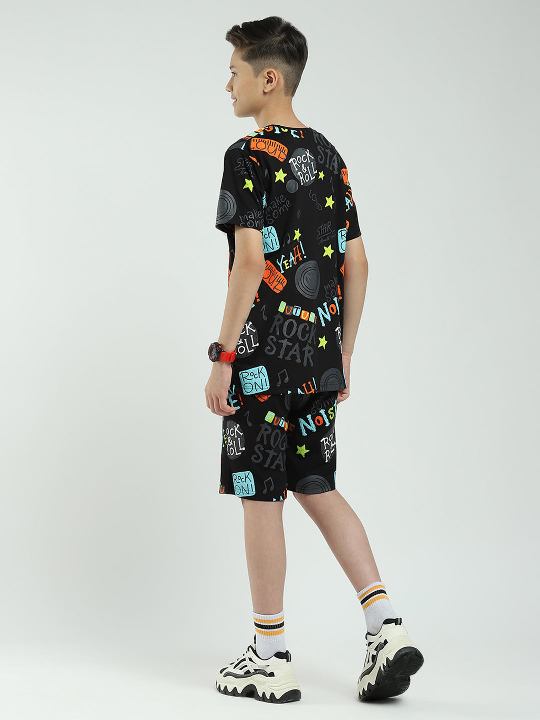 Boys Black Printed Round Neck Half Sleeve Bermuda Set