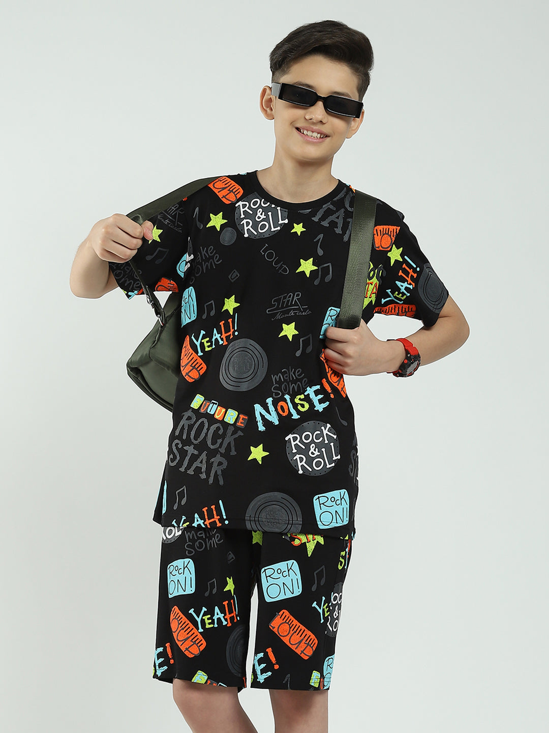 Boys Black Printed Round Neck Half Sleeve Bermuda Set