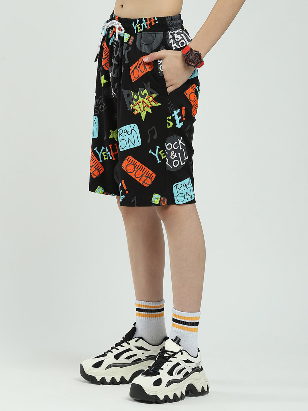 Boys Black Printed Round Neck Half Sleeve Bermuda Set