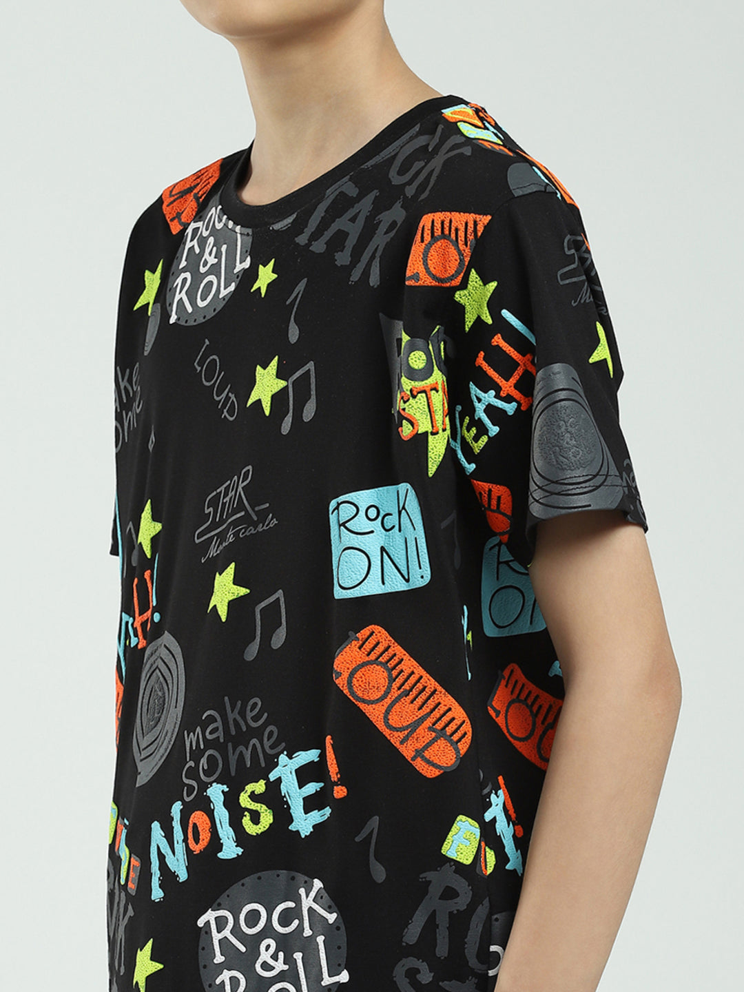 Boys Black Printed Round Neck Half Sleeve Bermuda Set
