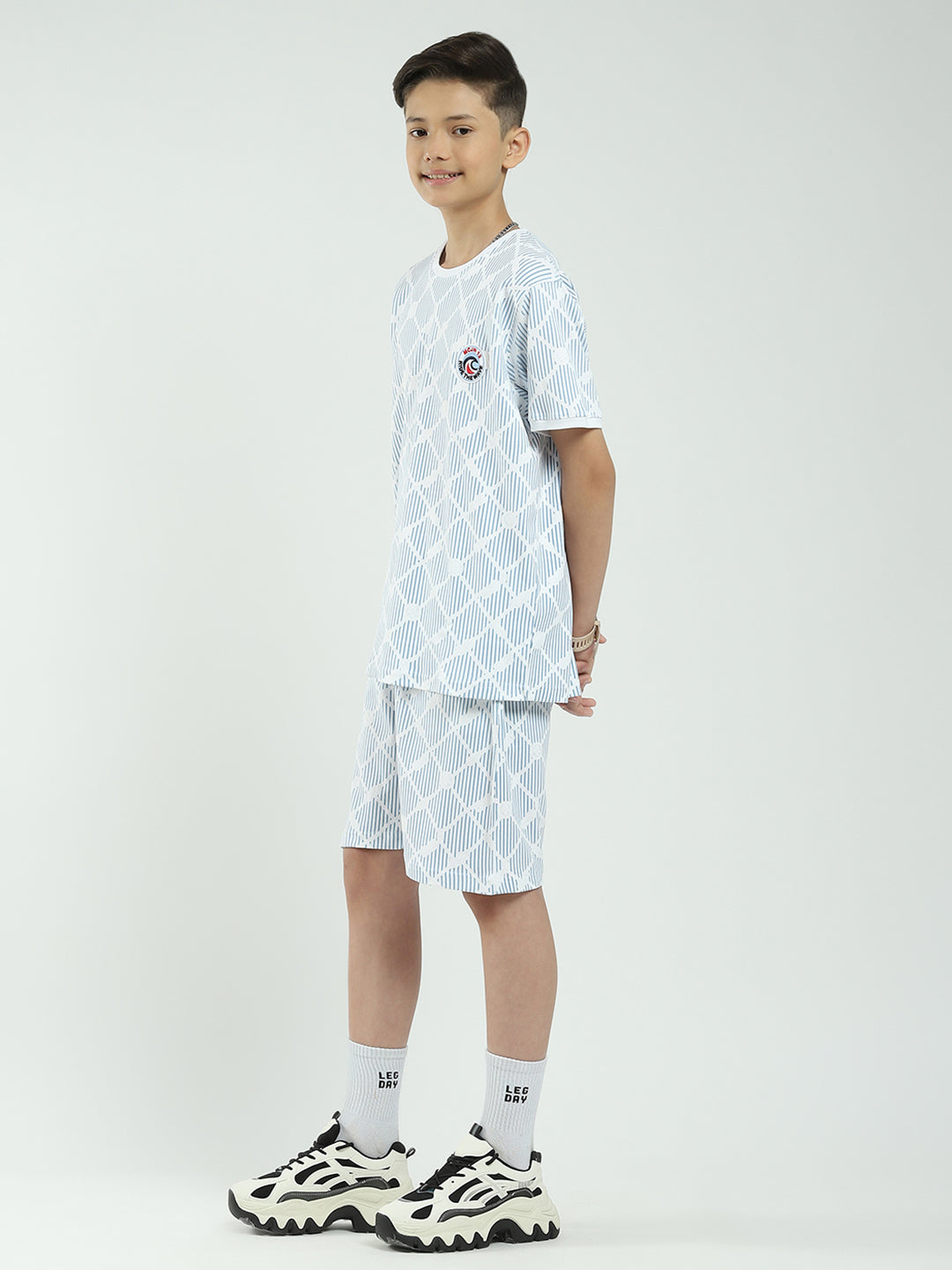 Boys Blue Printed Round Neck Half Sleeve Bermuda Set