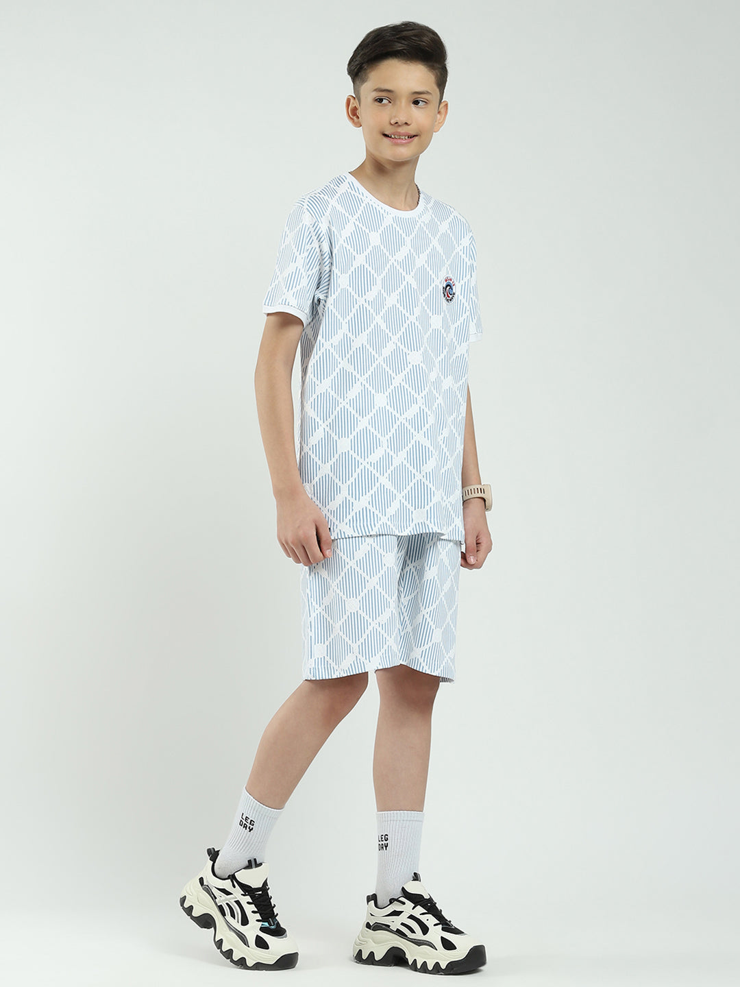 Boys Blue Printed Round Neck Half Sleeve Bermuda Set