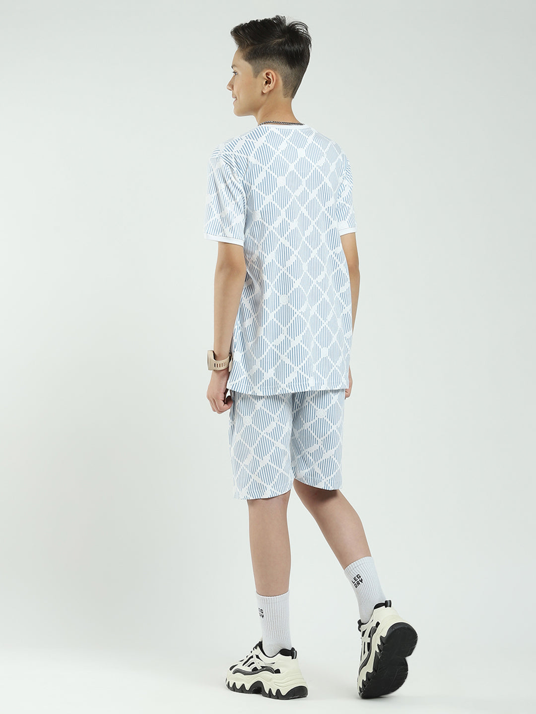 Boys Blue Printed Round Neck Half Sleeve Bermuda Set