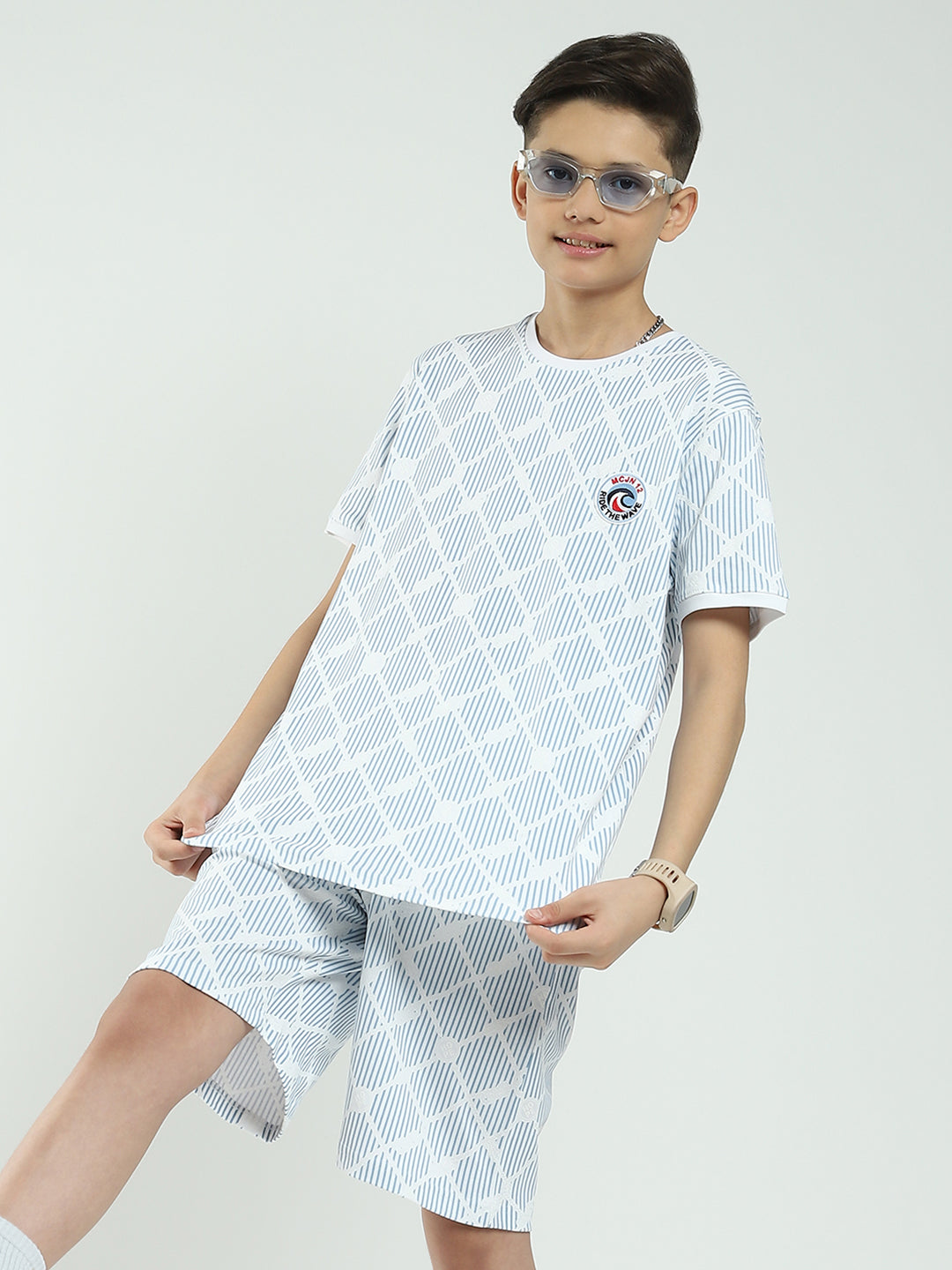 Boys Blue Printed Round Neck Half Sleeve Bermuda Set