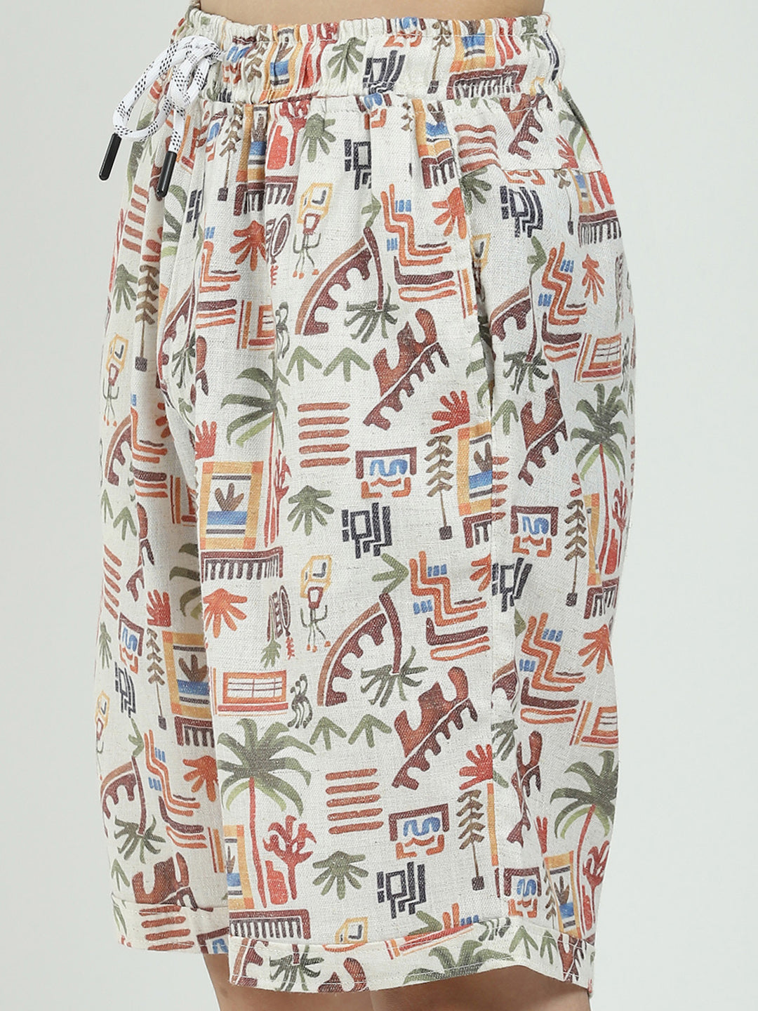 Boys White Printed Collar Half Sleeve Cords Set