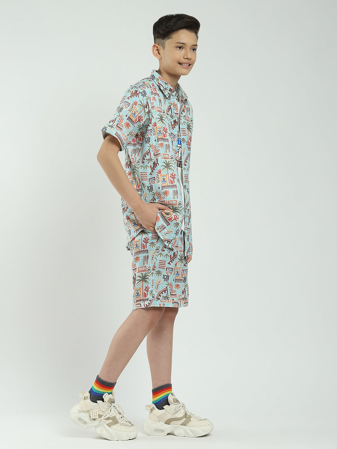 Boys Blue Printed Collar Half Sleeve Cords Set