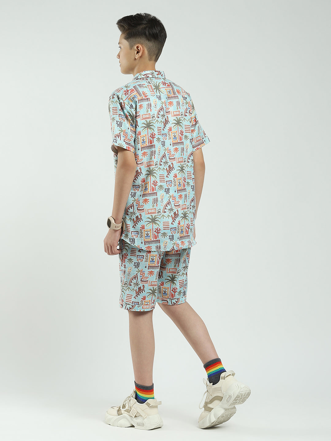 Boys Blue Printed Collar Half Sleeve Cords Set