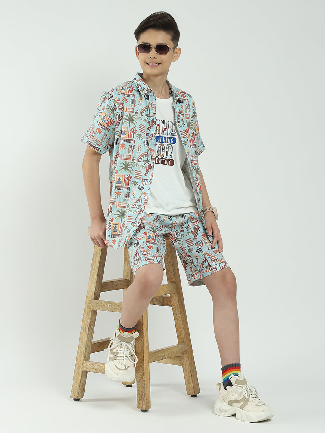 Boys Blue Printed Collar Half Sleeve Cords Set