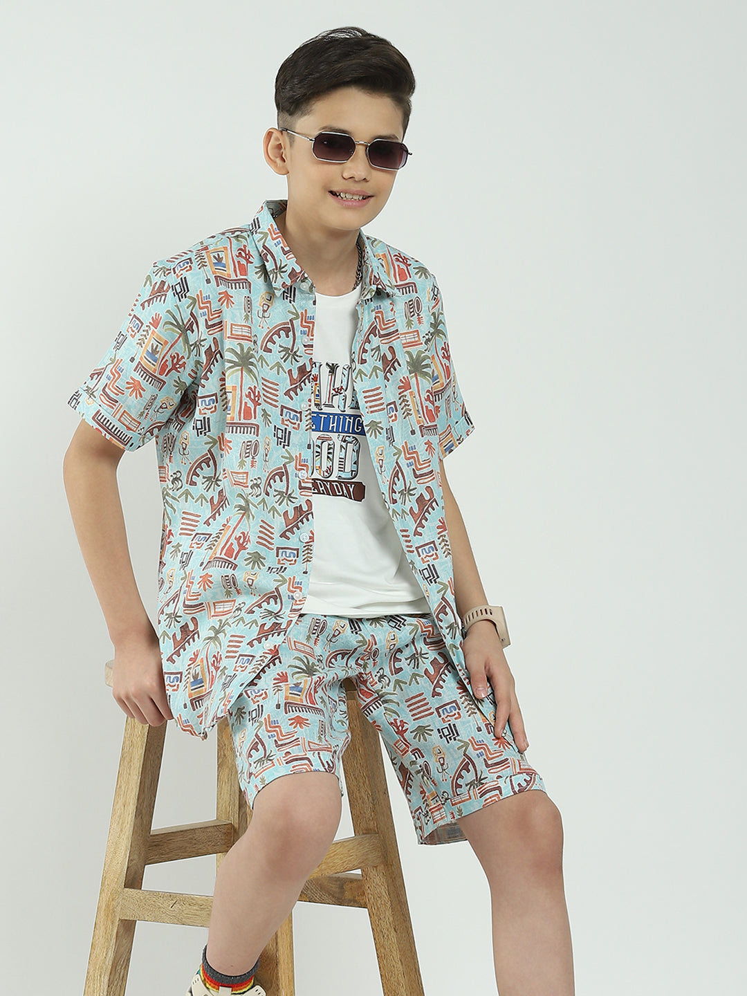 Boys Blue Printed Collar Half Sleeve Cords Set