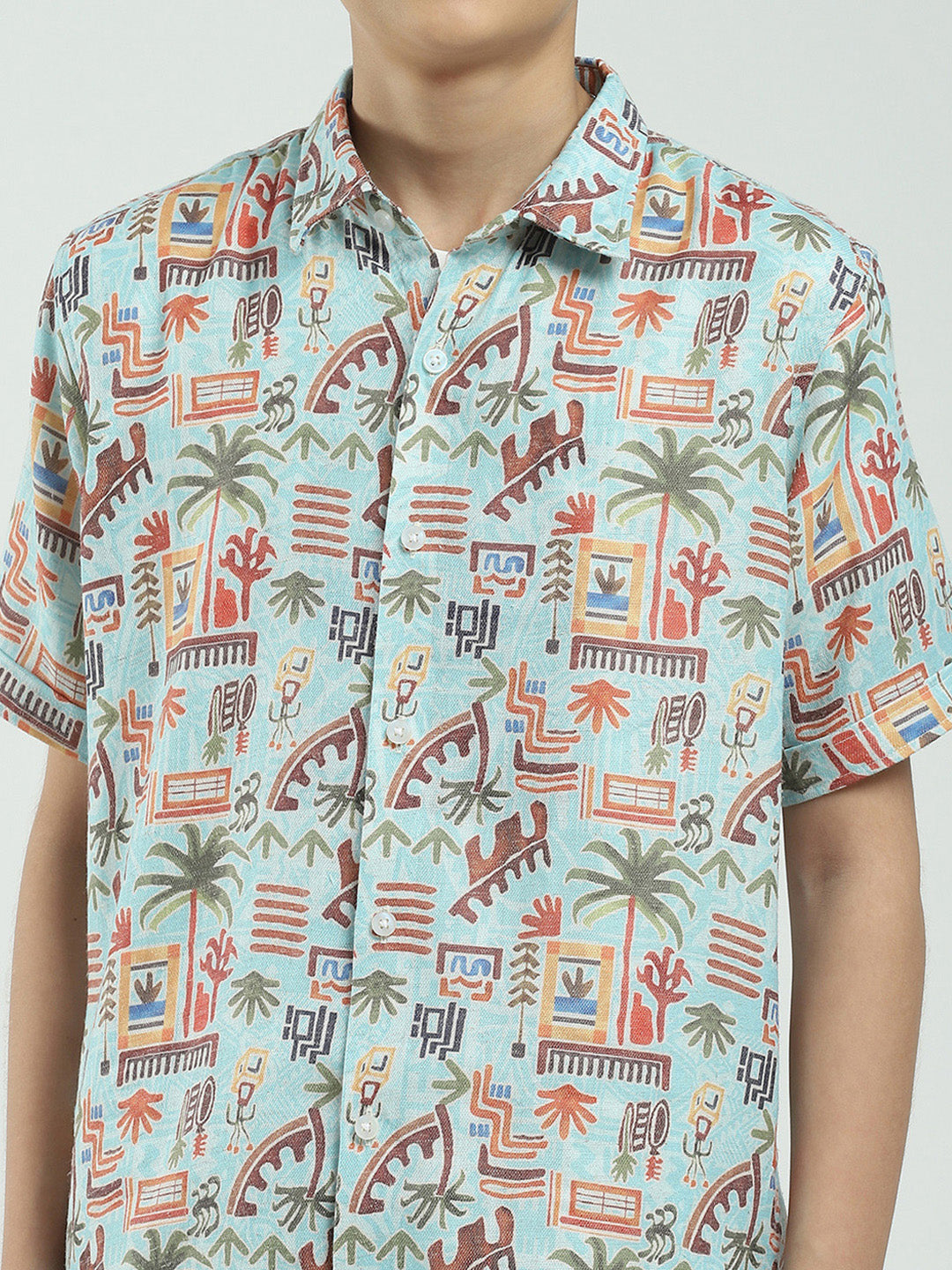 Boys Blue Printed Collar Half Sleeve Cords Set