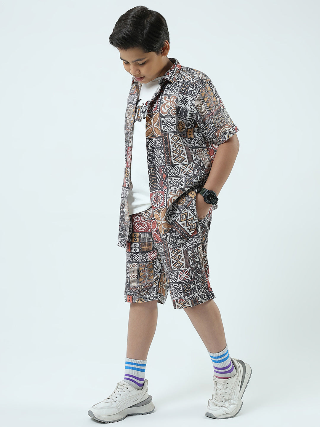 Boys Navy Blue Printed Collar Half Sleeve 3 Pcs Cords Set